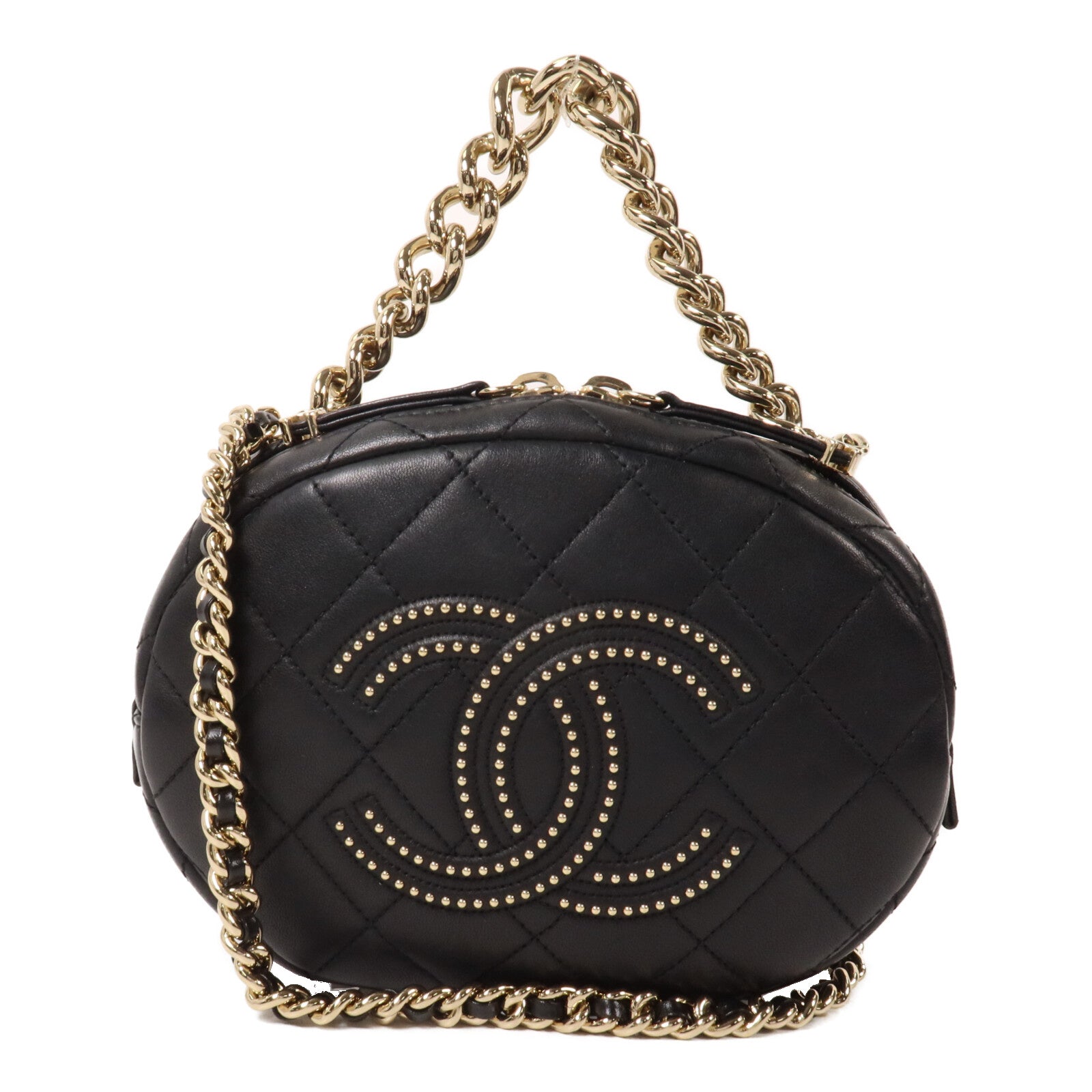 CHANEL 牛皮皮革Chain Handle Studded CC鏈帶手挽肩背兩用袋