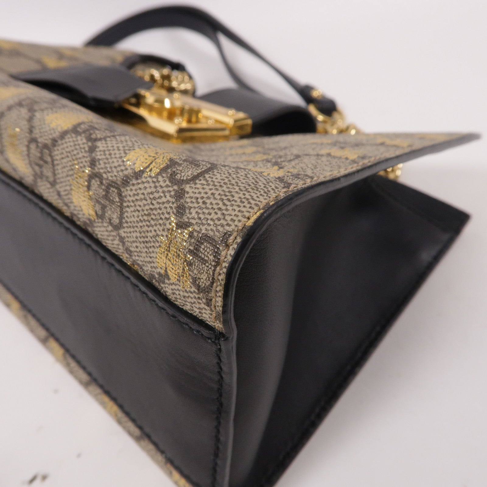 GUCCI 塗層帆布Padlock GG金扣鏈帶肩背袋啡色