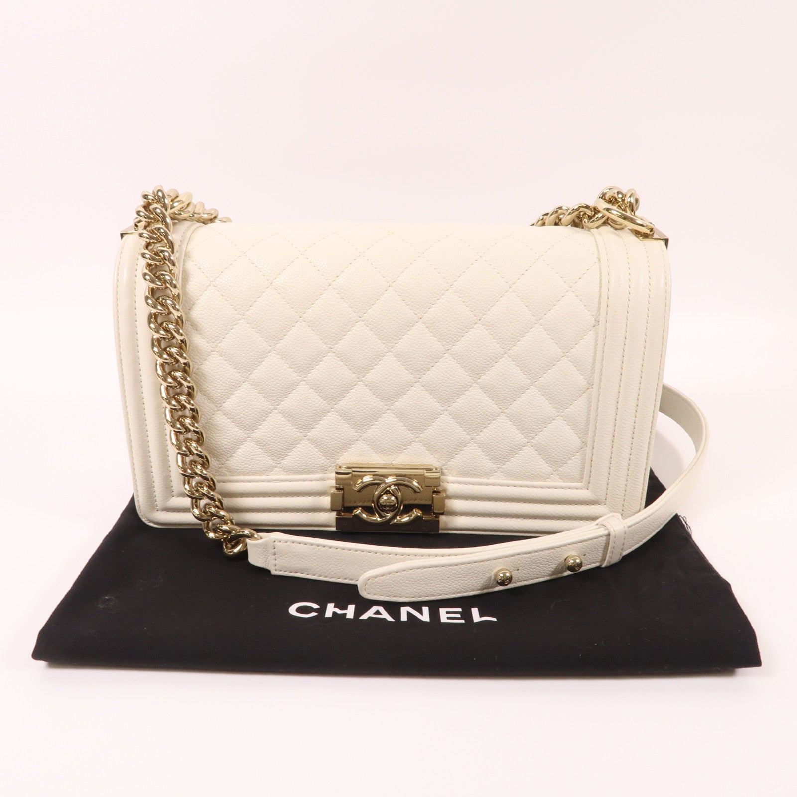 CHANEL 牛皮皮革Boy 25金扣鏈帶肩背袋