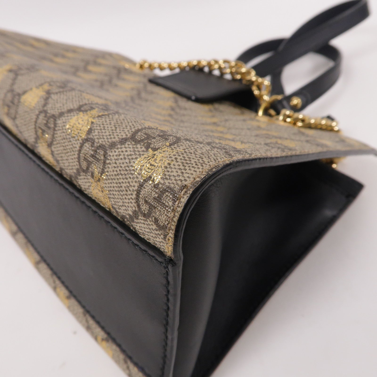 GUCCI 塗層帆布Padlock GG金扣鏈帶肩背袋啡色
