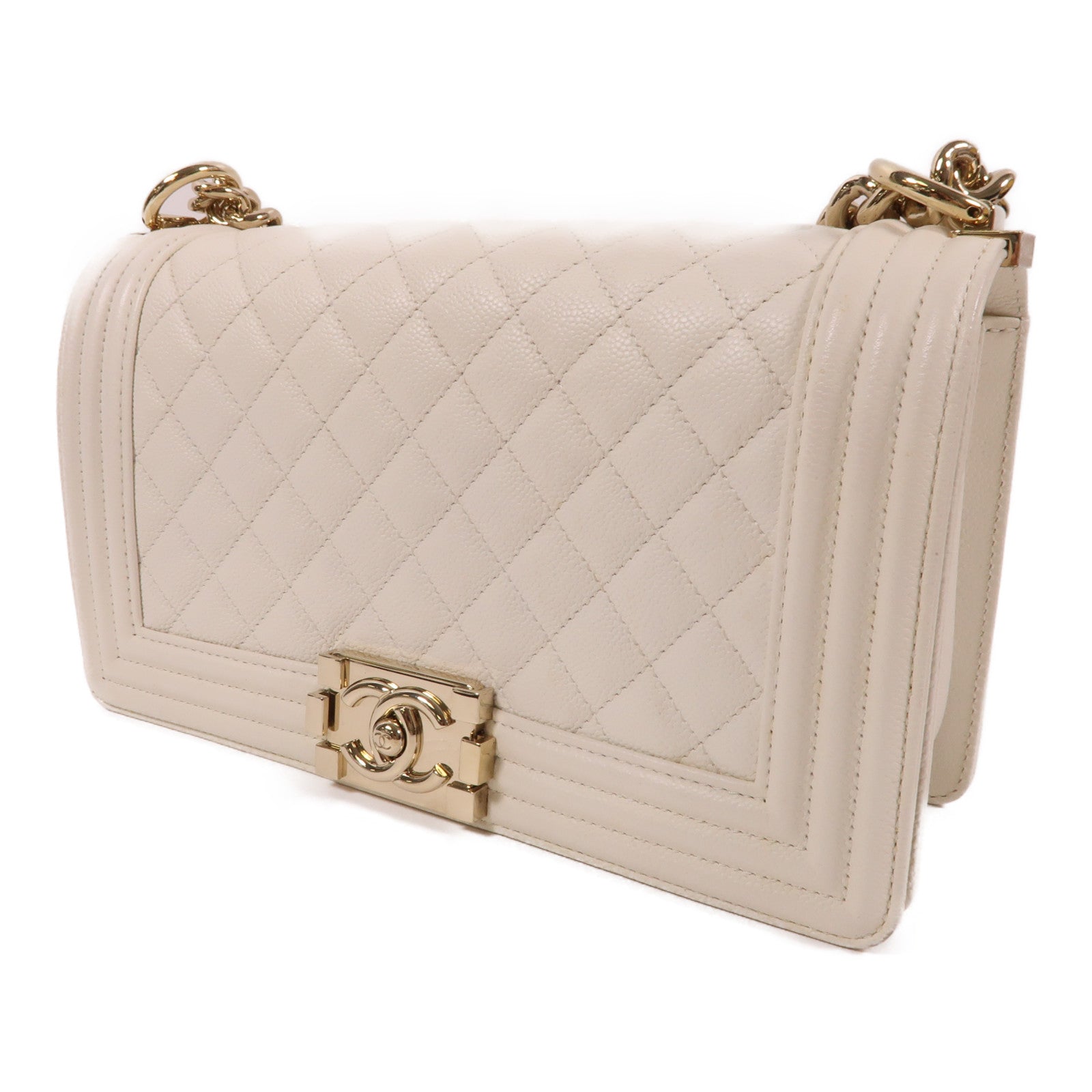 CHANEL CC GHW Boy 25 Chain Shoulder Bag Calfskin Leather White