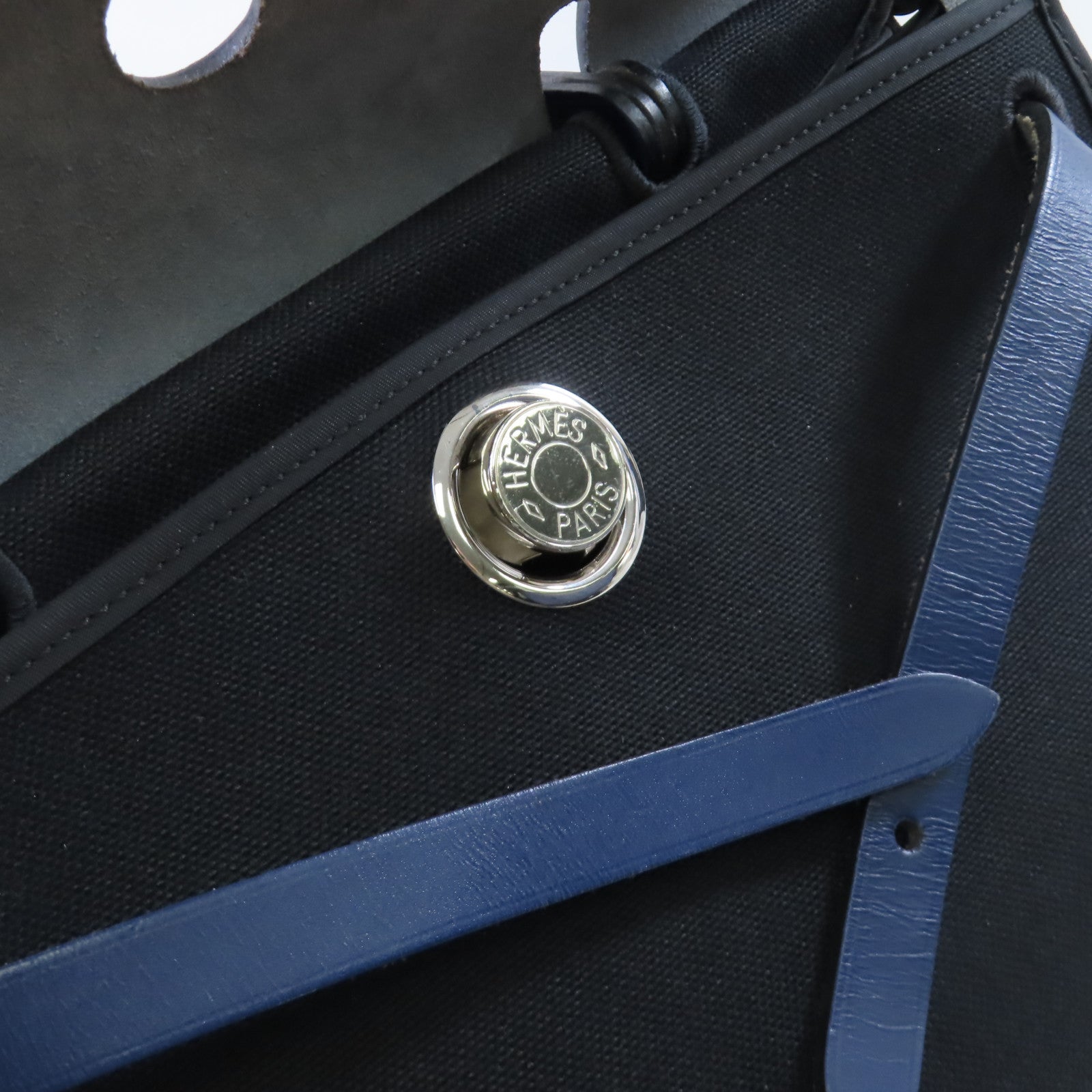 HERMES 帆布Herbag PM 2Way Shoulder Bag銀扣手挽肩背兩用袋Noir黑色/Bleu Saphir寶石藍色