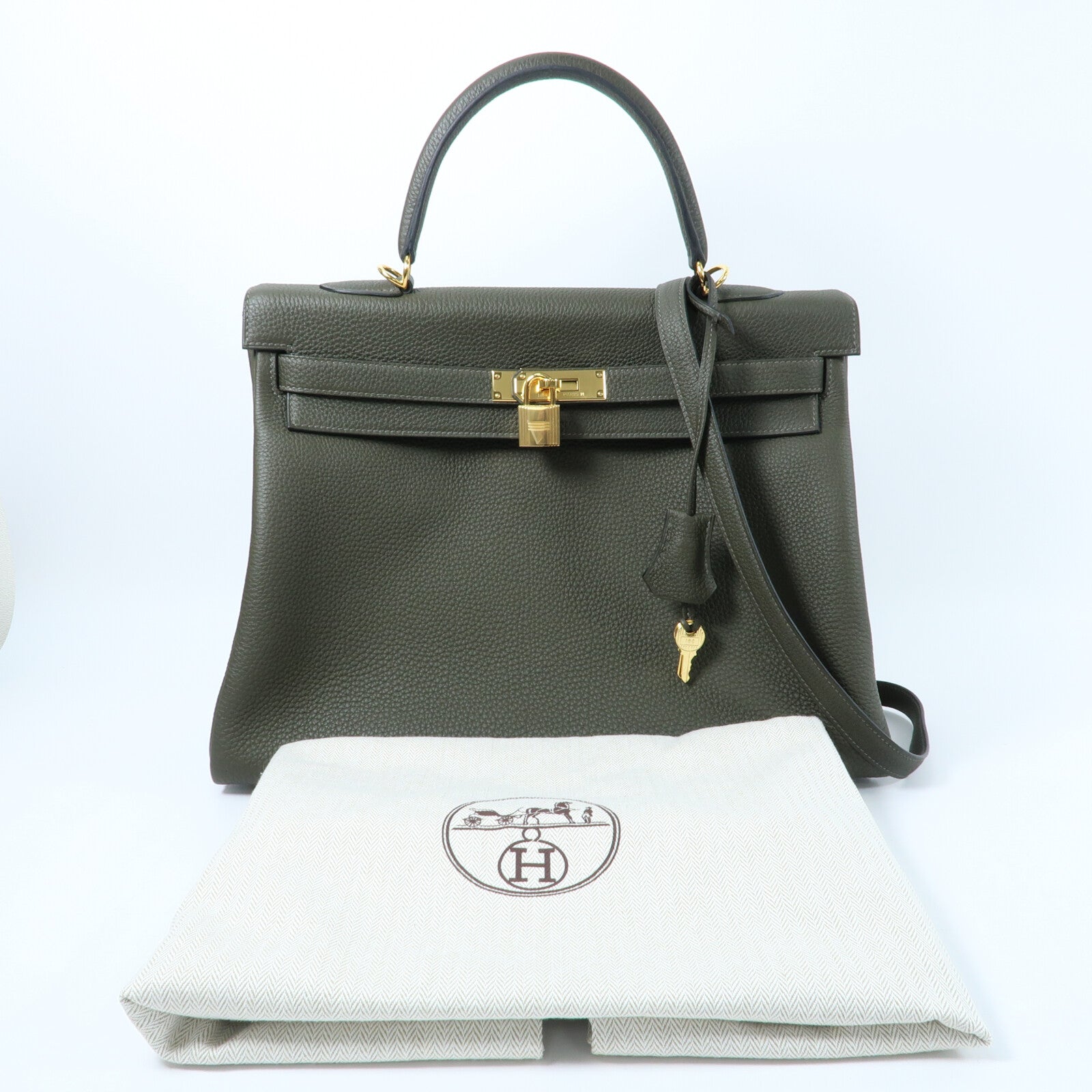 HERMES Clemence皮革Kelly 35手挽肩背兩用袋Vert Olive