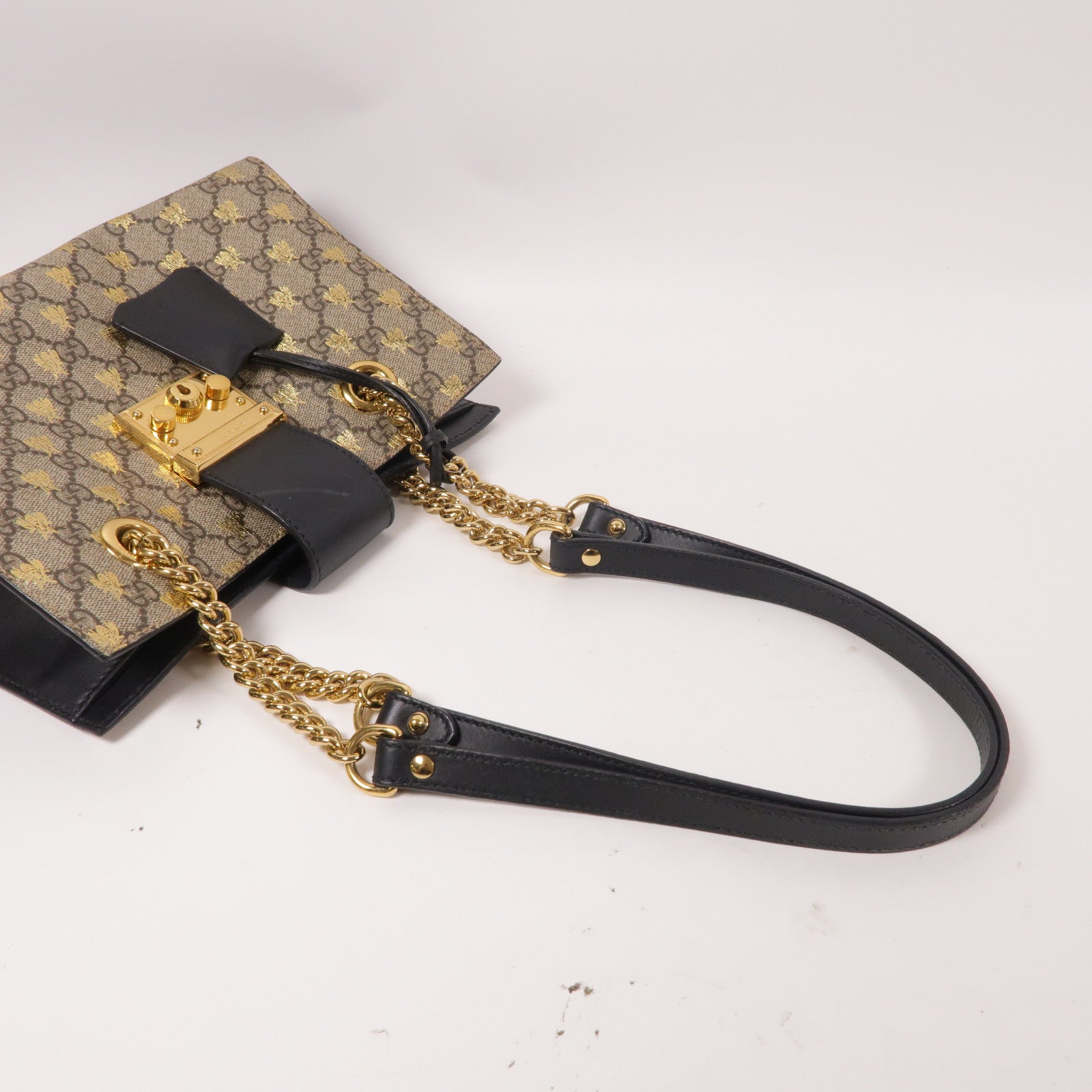 GUCCI 塗層帆布Padlock GG金扣鏈帶肩背袋啡色