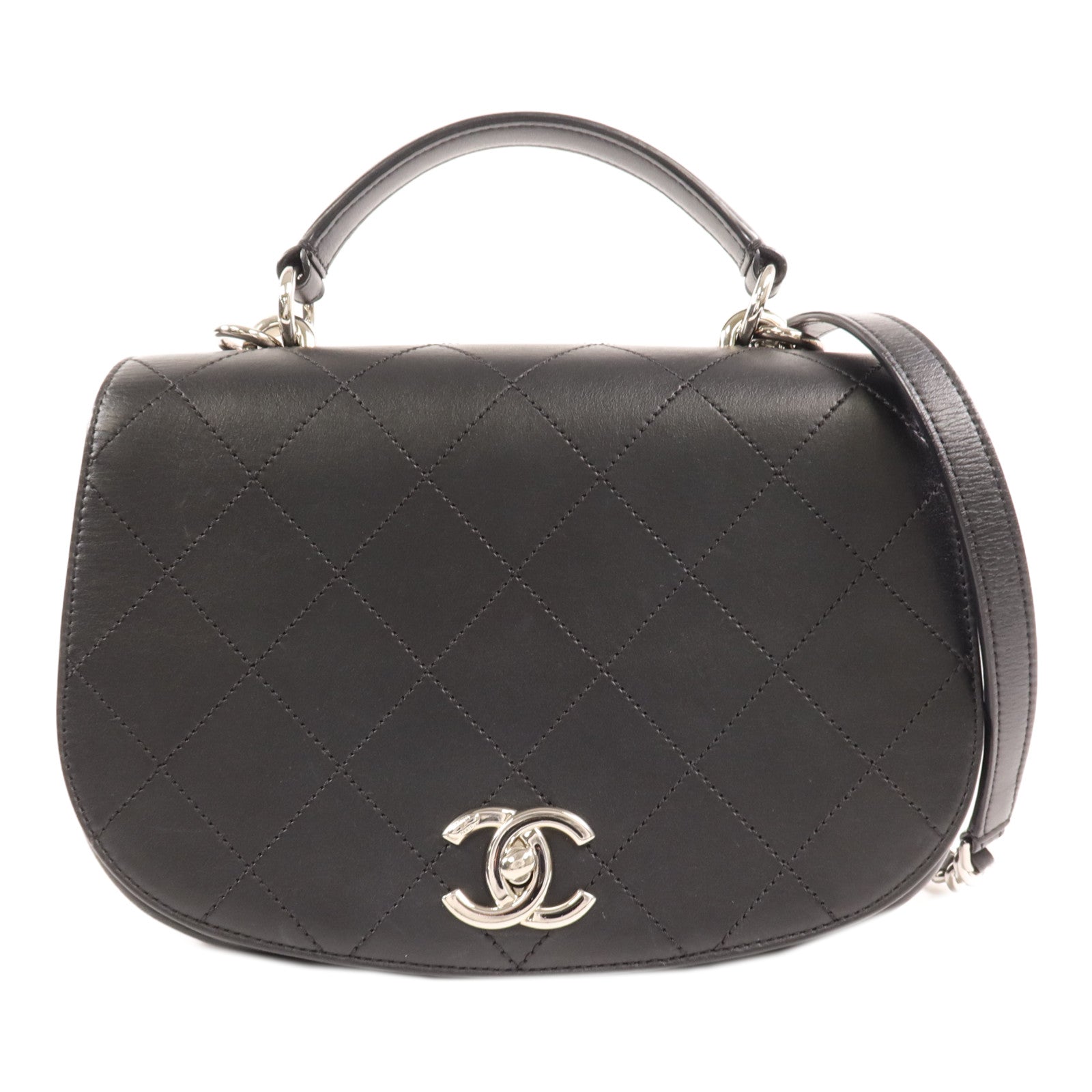 CHANEL 牛皮皮革Chain Shoulder銀扣手挽肩背兩用袋