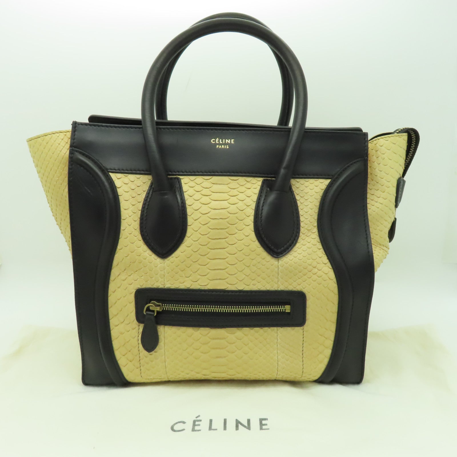 CELINE 【激減優惠】蛇皮皮革Micro Luggage金扣手挽袋米色/黑色