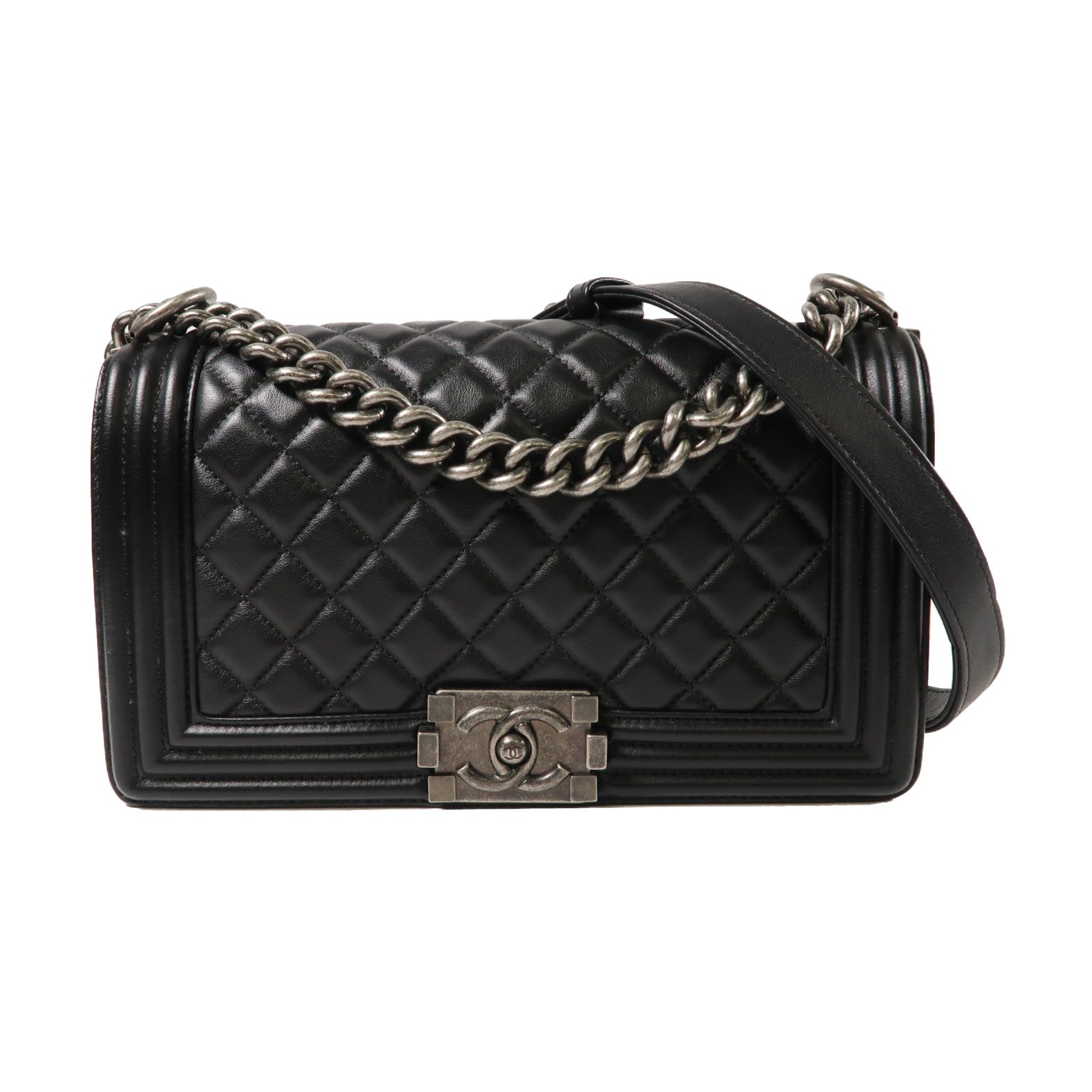 CHANEL 【激減優惠】菱格羊皮皮革Boy 25cm Chain Shoulder Bag銀扣鏈帶肩背袋黑色
