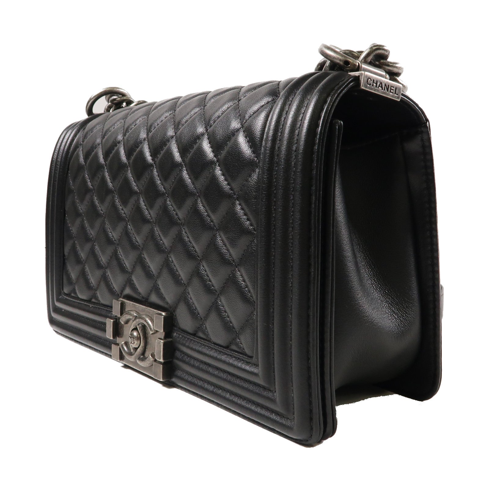CHANEL 【激減優惠】菱格羊皮皮革Boy 25cm Chain Shoulder Bag銀扣鏈帶肩背袋黑色