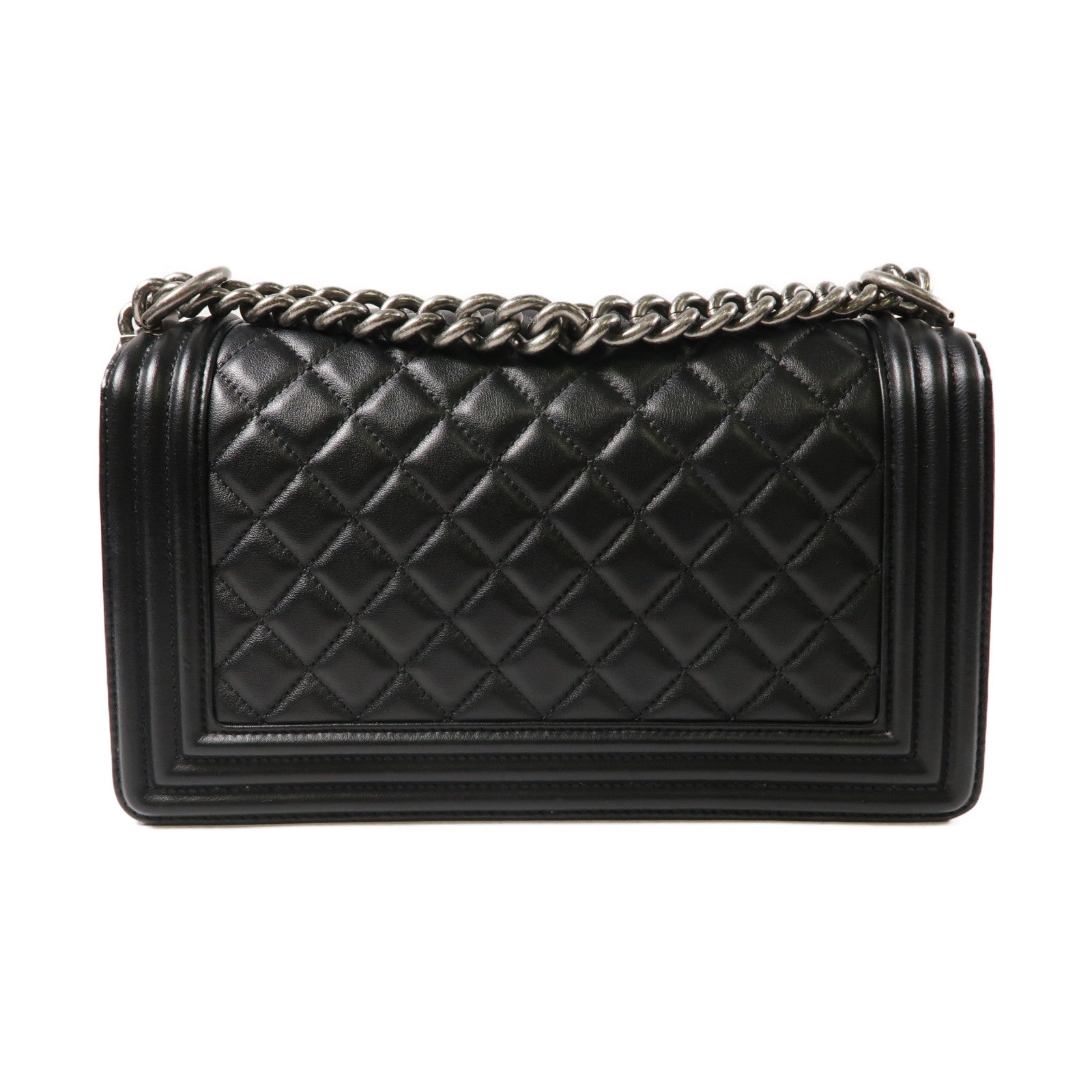CHANEL 【激減優惠】菱格羊皮皮革Boy 25cm Chain Shoulder Bag銀扣鏈帶肩背袋黑色