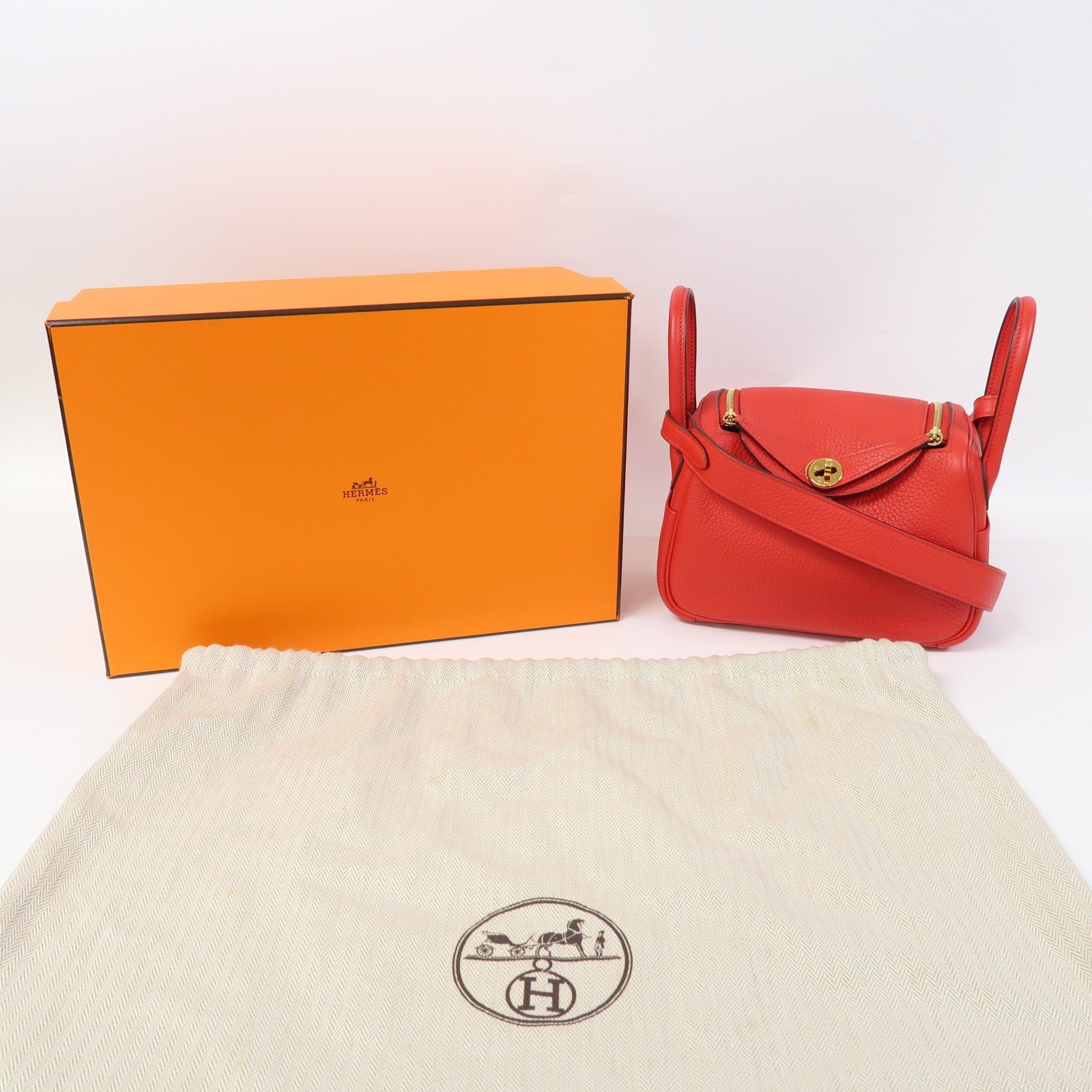 HERMES Clemence皮革Mini Lindy金扣手挽肩背兩用袋桃心紅色