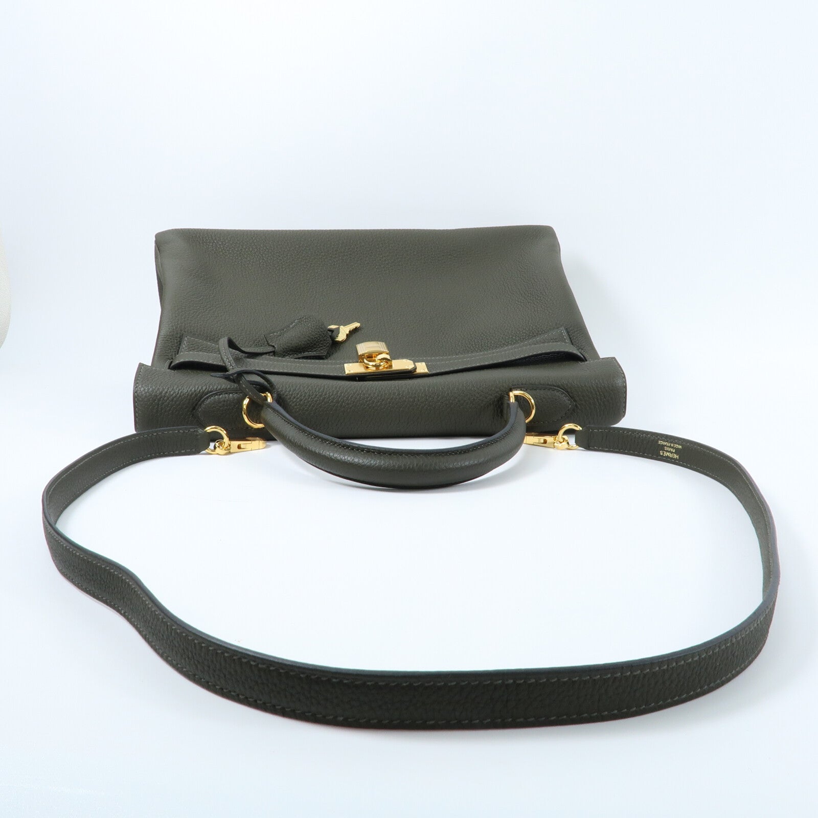 HERMES Clemence皮革Kelly 35手挽肩背兩用袋Vert Olive