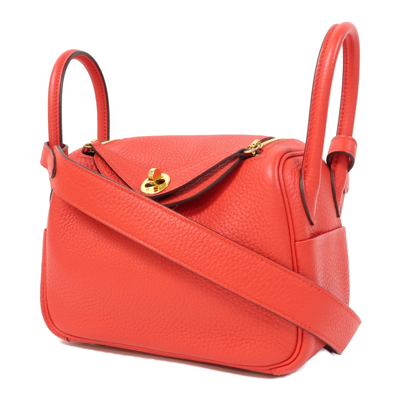 HERMES Clemence皮革Mini Lindy金扣手挽肩背兩用袋桃心紅色