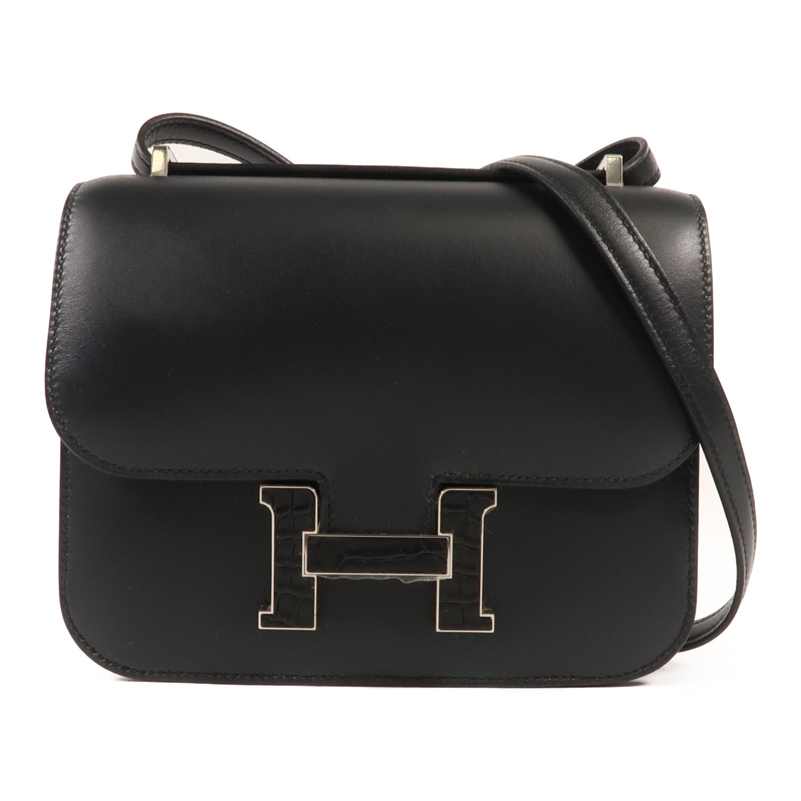 HERMES Monsieur/Crocodile皮革Mini Constance銀扣肩背袋
