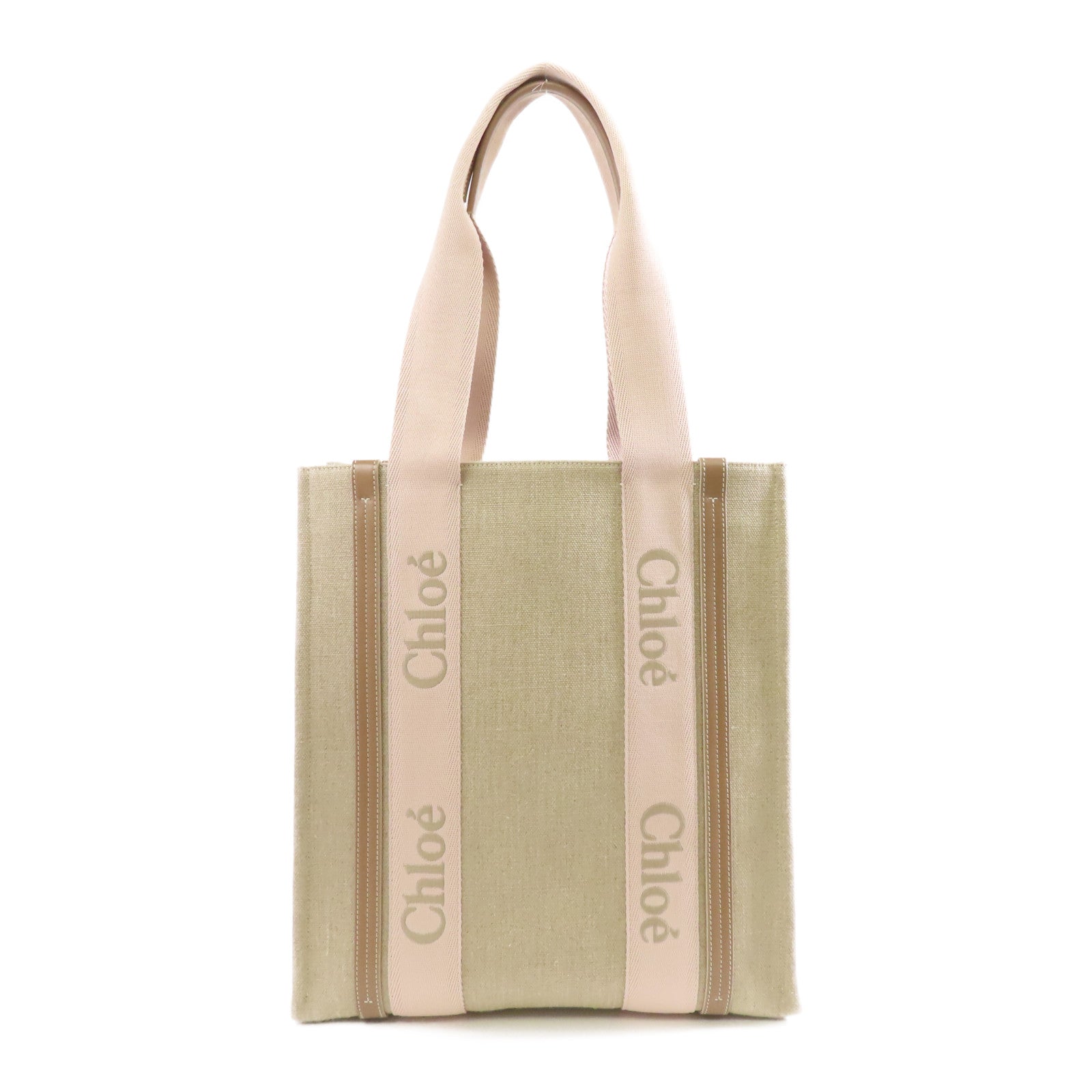 Chloe 亞麻布Woody Tote Bag手挽袋米色/粉紅色