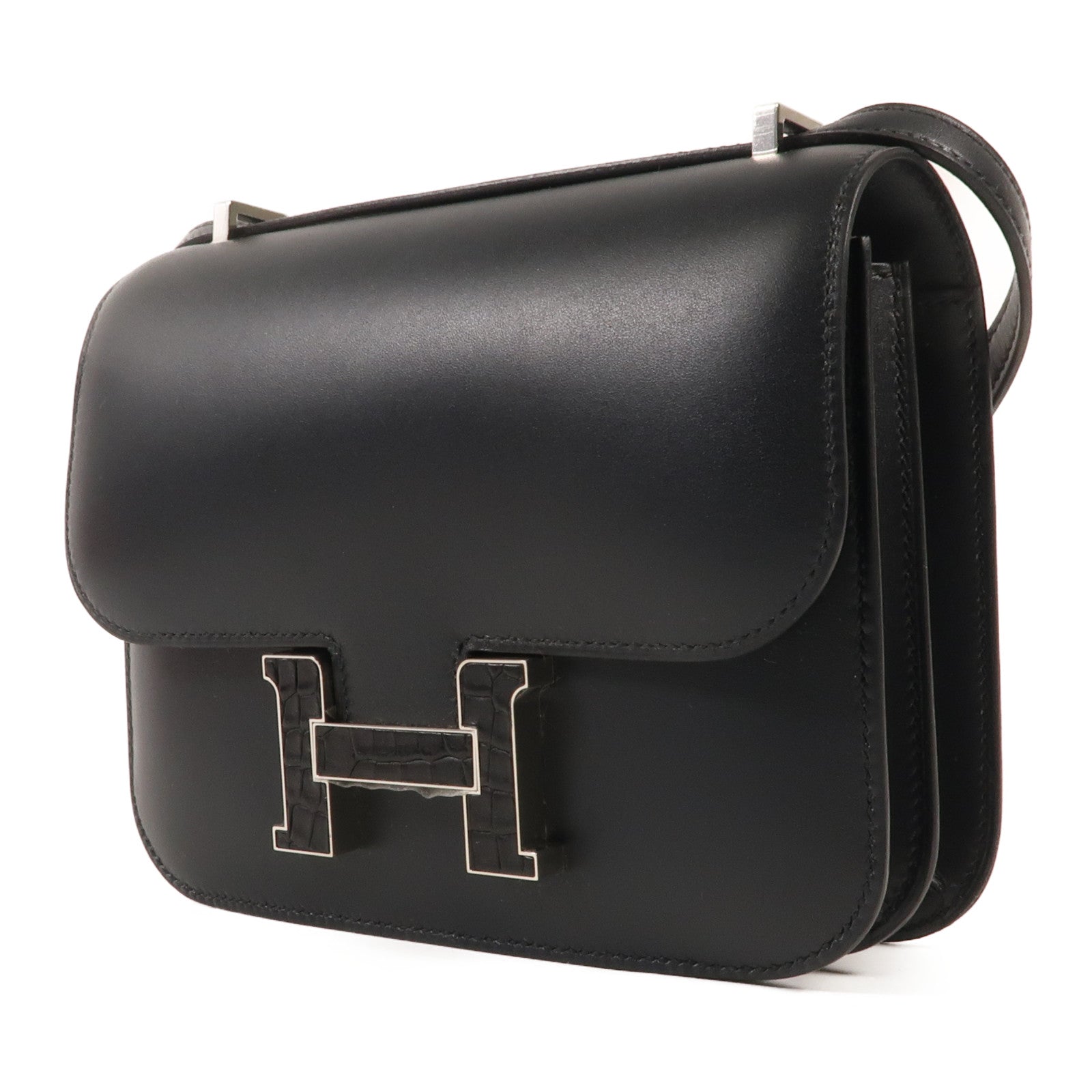 HERMES 【激減優惠】Monsieur/Crocodile皮革Mini Constance銀扣肩背袋
