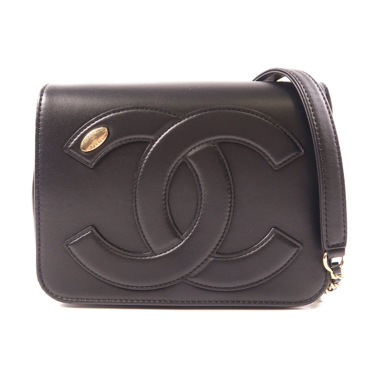 CHANEL 羊皮皮革Chain Shoulder金扣肩背袋黑色
