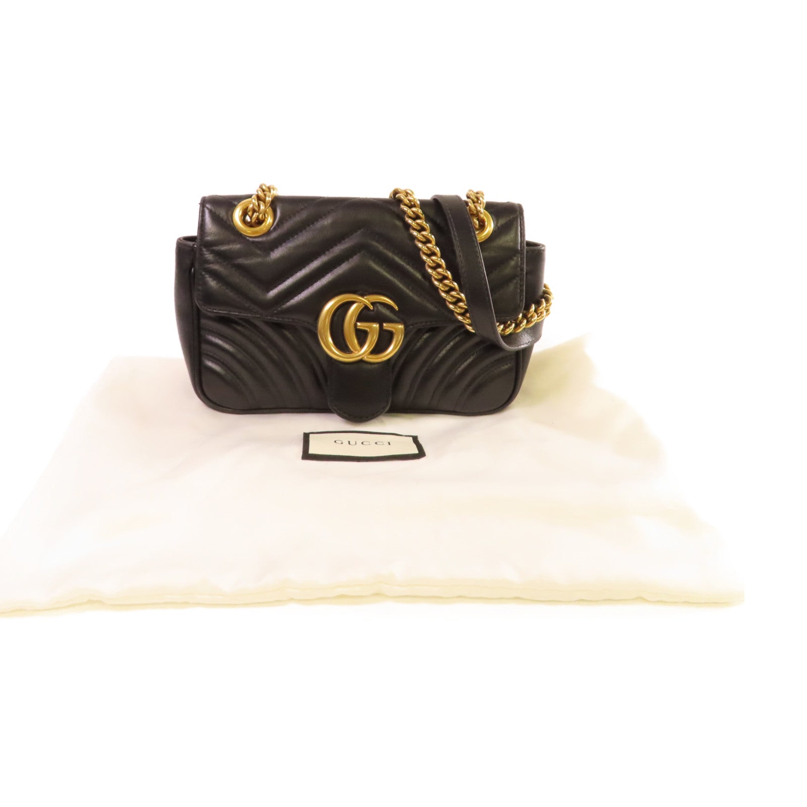 GUCCI 牛皮皮革GG Marmont Mini Shoulder Bag金扣鏈帶肩背袋黑色