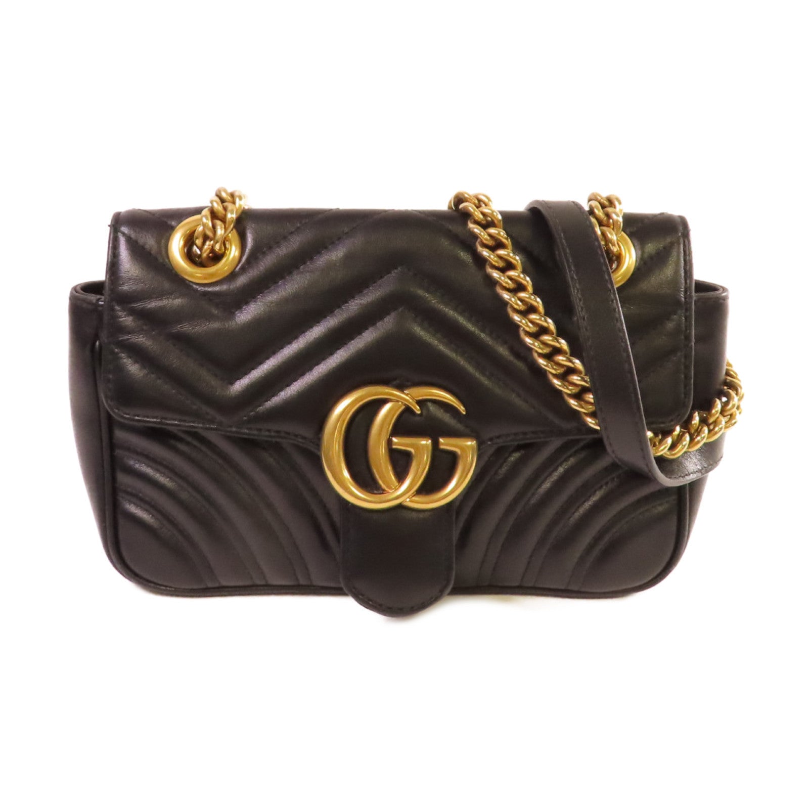 GUCCI 牛皮皮革GG Marmont Mini Shoulder Bag金扣鏈帶肩背袋黑色