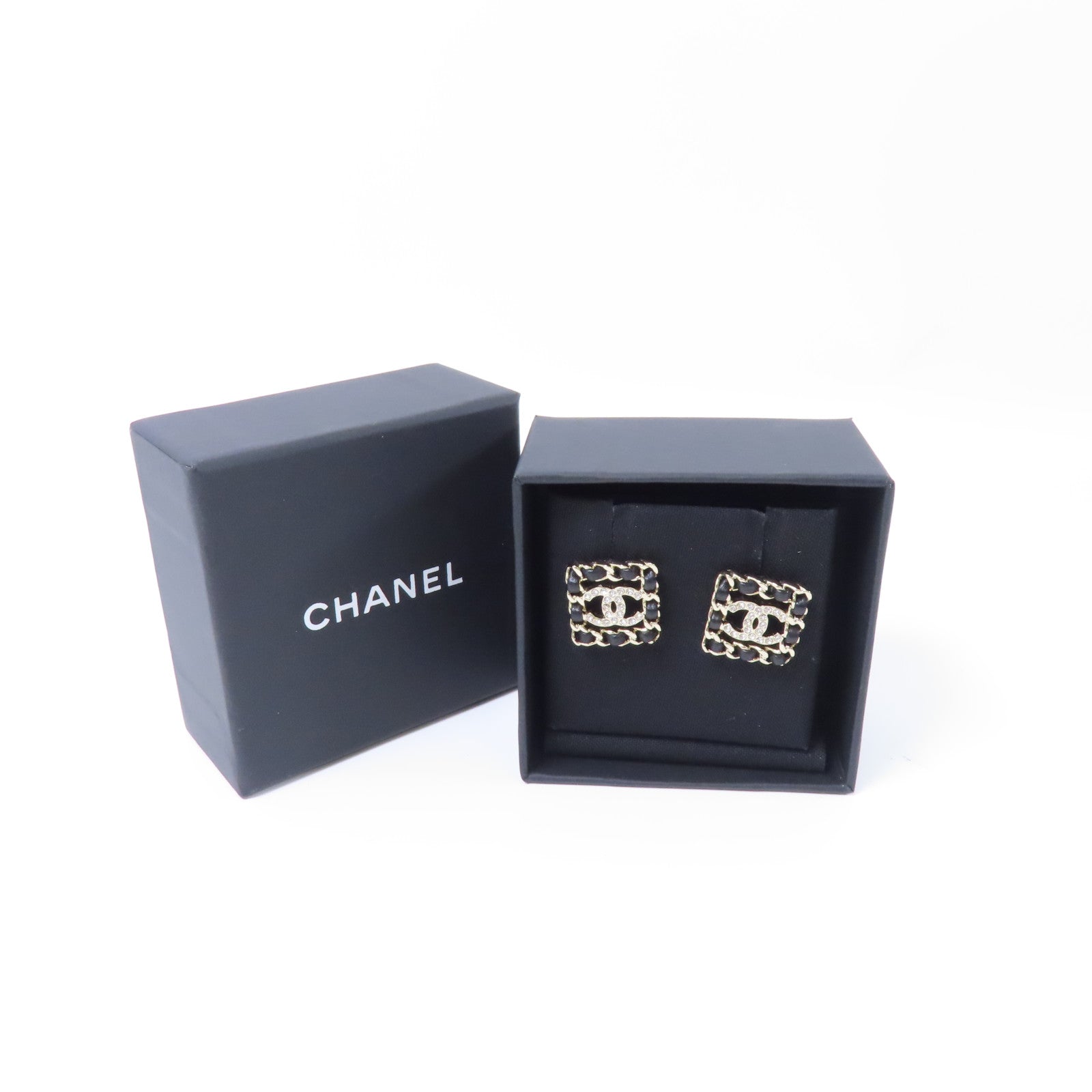CHANEL 皮革/金屬Earrings耳環金色/黑色