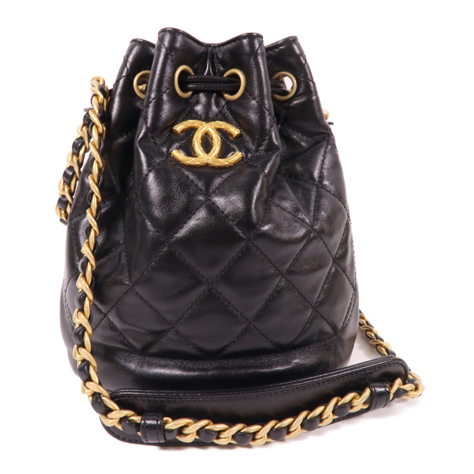 CHANEL 羊皮皮革Bucket Dranstring Bag金扣鏈帶肩背袋