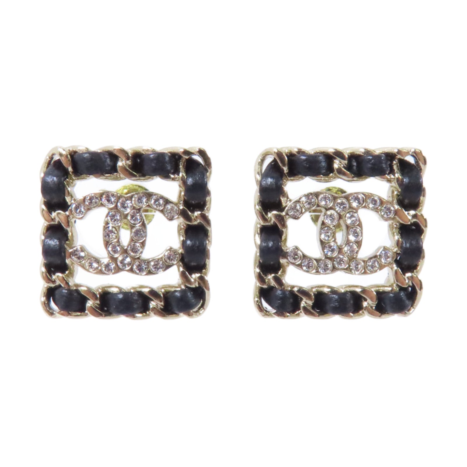 CHANEL 皮革/金屬Earrings耳環金色/黑色