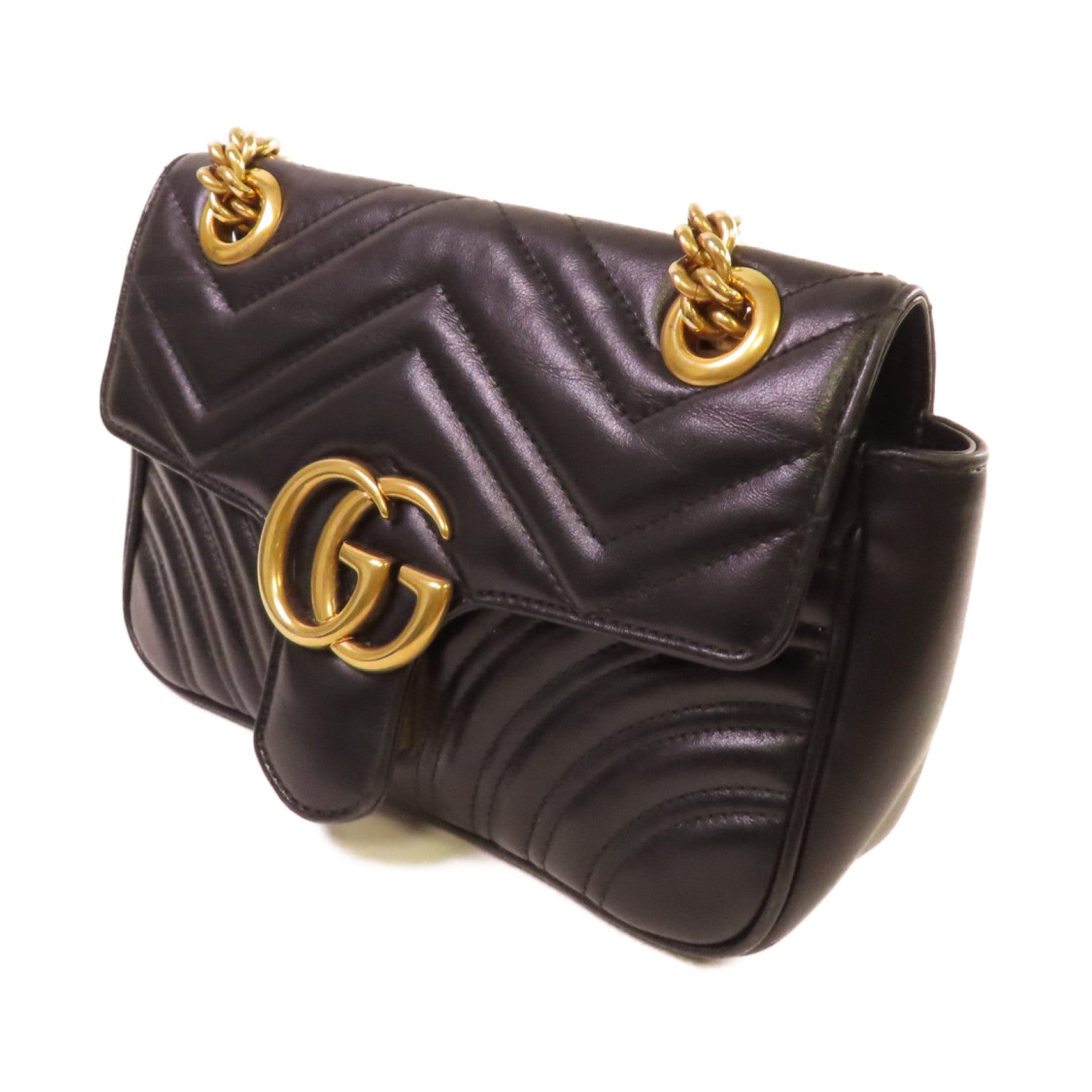 GUCCI 牛皮皮革GG Marmont Mini Shoulder Bag金扣鏈帶肩背袋黑色