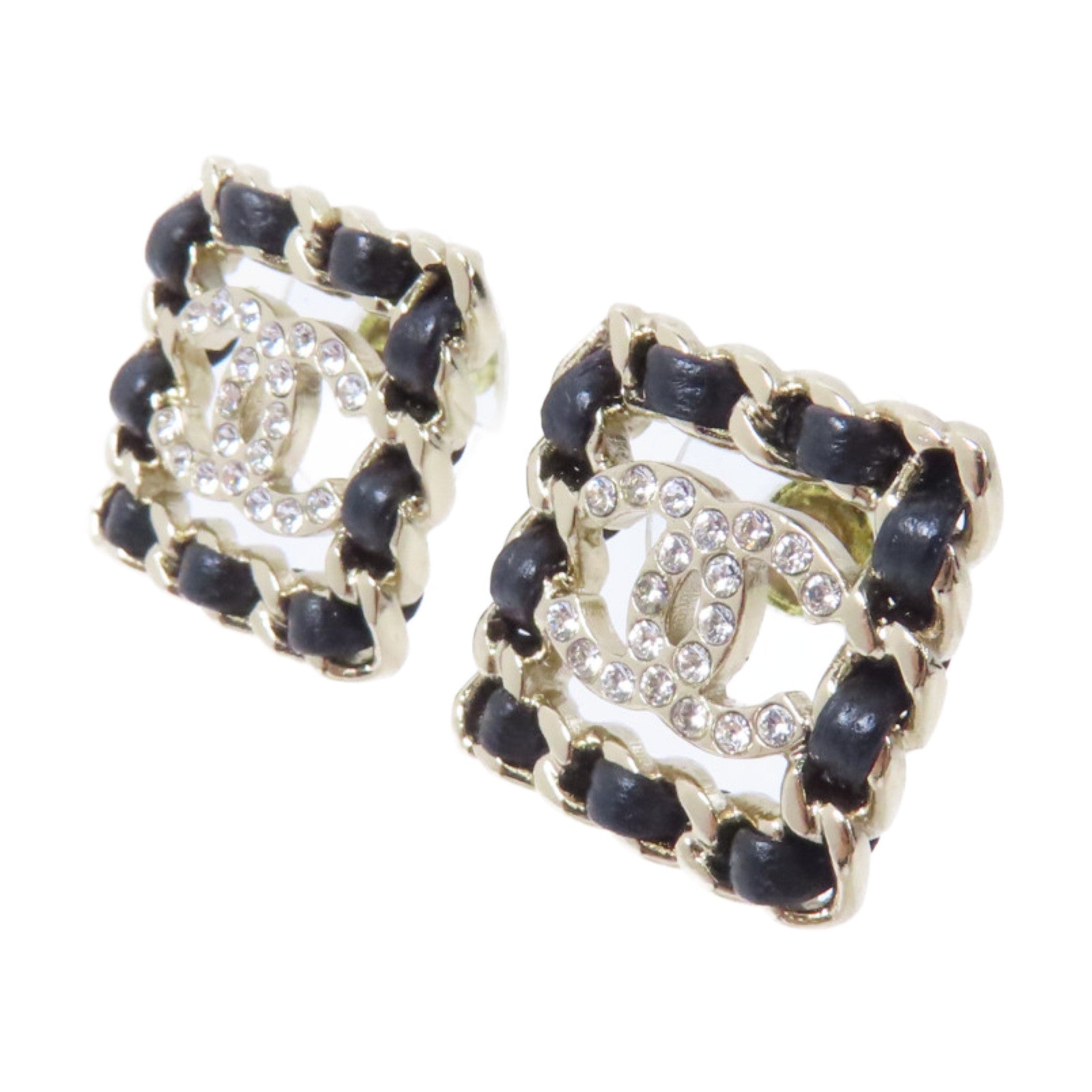 CHANEL 皮革/金屬Earrings耳環金色/黑色