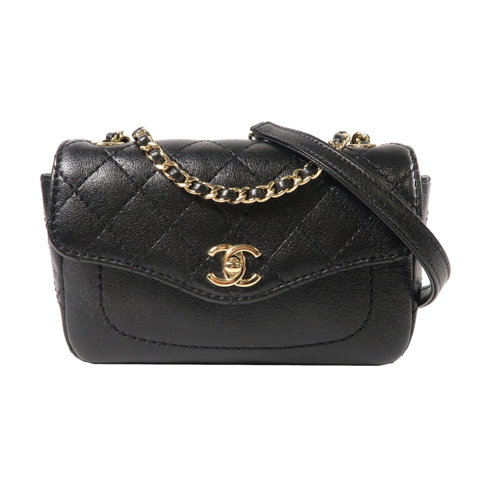 CHANEL 菱格牛皮皮革Chain Shoulder Bag金扣鏈帶肩背袋黑色