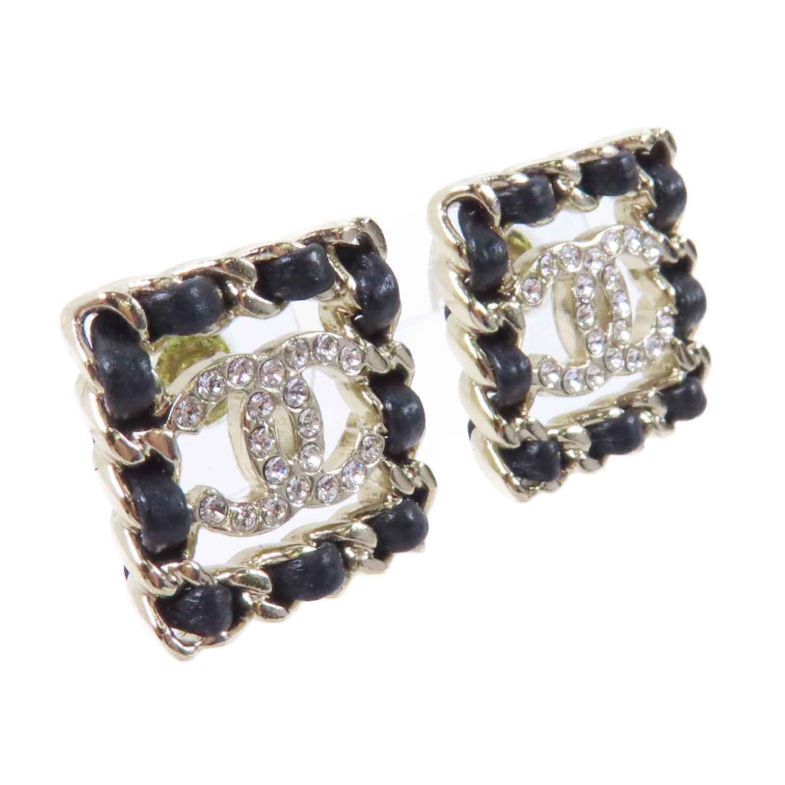 CHANEL 皮革/金屬Earrings耳環金色/黑色