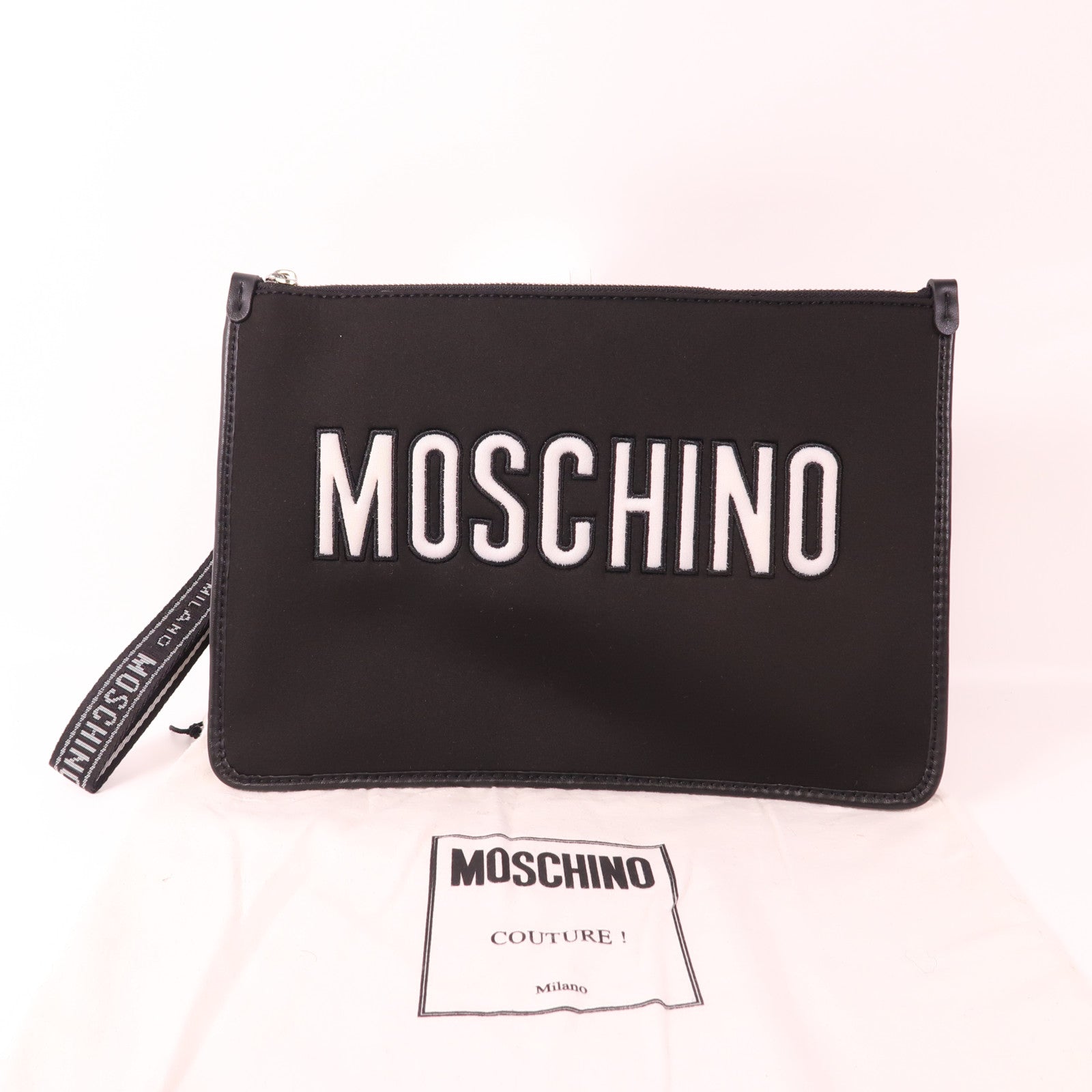 MOSCHINO Canvas Clutch Silver Hand Bag Handbag Black Black Canvas