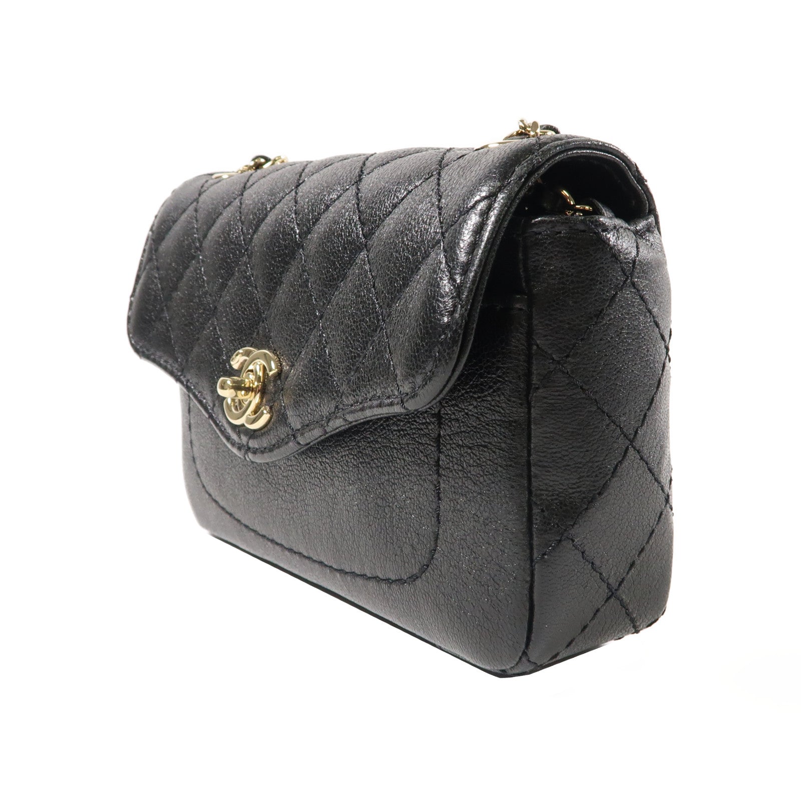 CHANEL 菱格牛皮皮革Chain Shoulder Bag金扣鏈帶肩背袋黑色