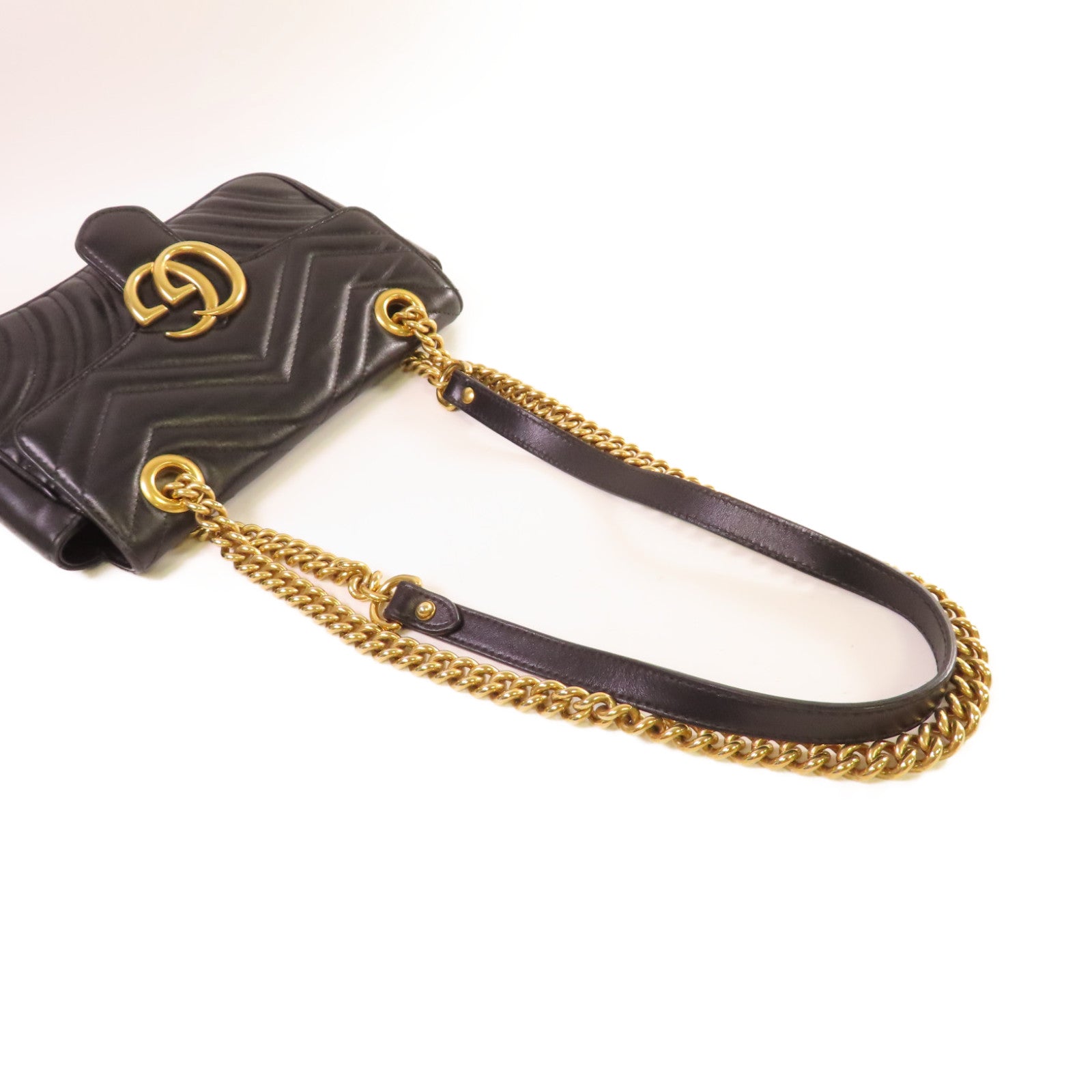 GUCCI 牛皮皮革GG Marmont Mini Shoulder Bag金扣鏈帶肩背袋黑色