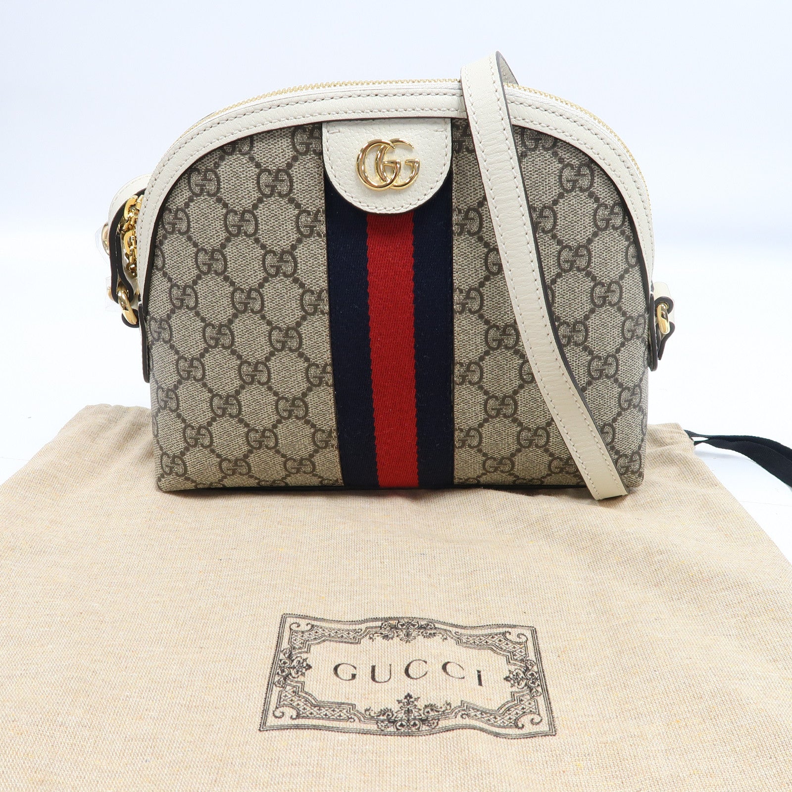 GUCCI 塗層帆布Ophidia GG金扣肩背袋啡色/白色