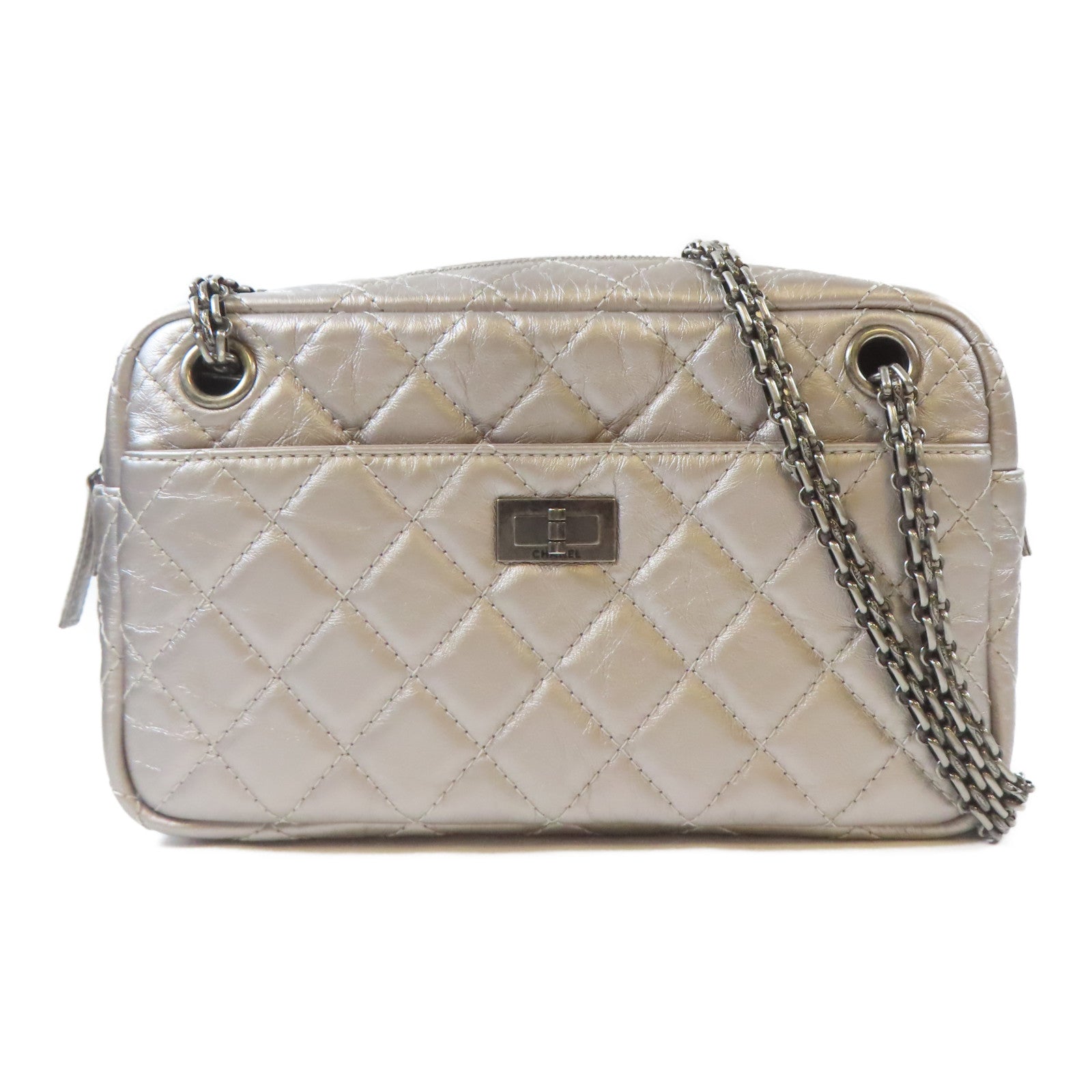 CHANEL 【激減優惠】菱格牛皮皮革2.55黑扣鏈帶肩背袋銀色