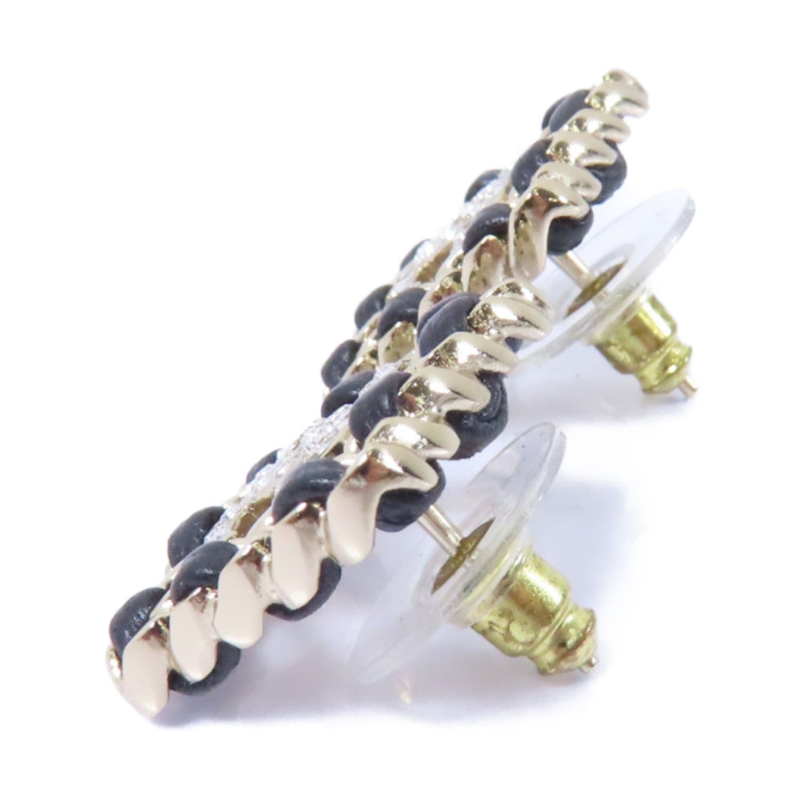 CHANEL 皮革/金屬Earrings耳環金色/黑色