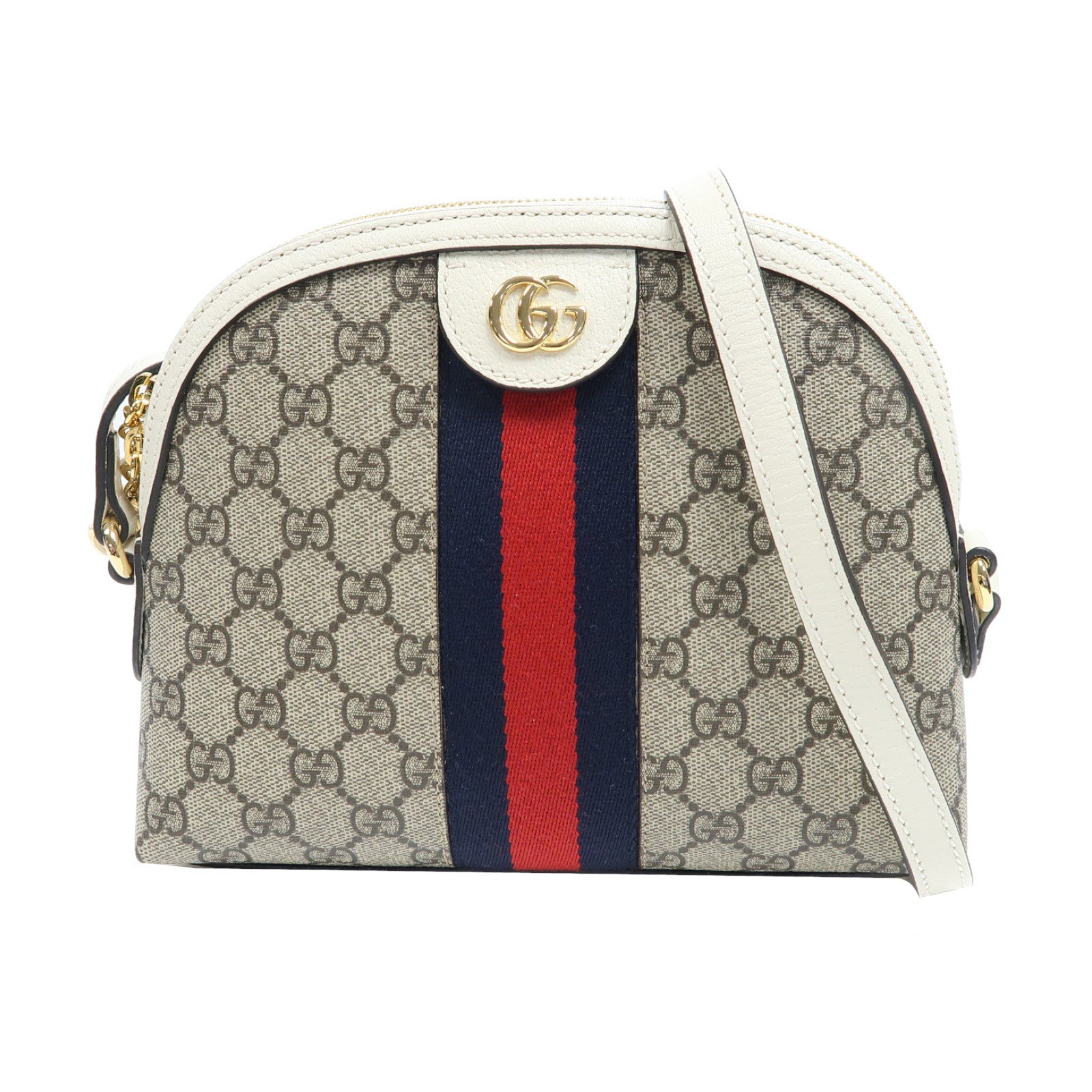 GUCCI 塗層帆布Ophidia GG金扣肩背袋啡色/白色