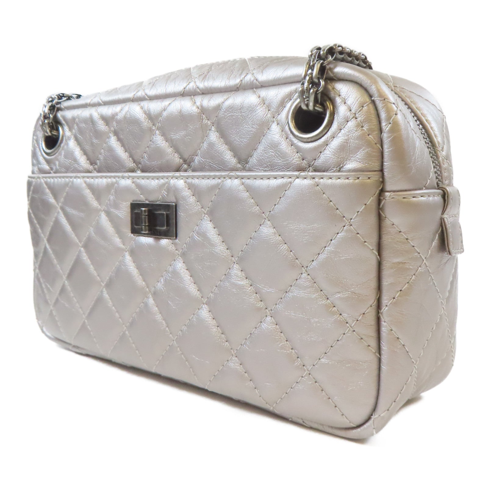 CHANEL 【激減優惠】菱格牛皮皮革2.55黑扣鏈帶肩背袋銀色