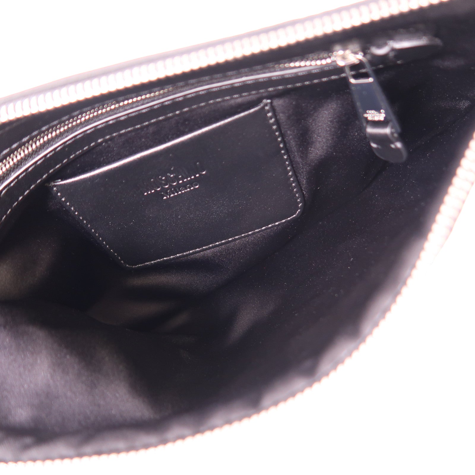 MOSCHINO Canvas Clutch Silver Hand Bag Handbag Black Black Canvas