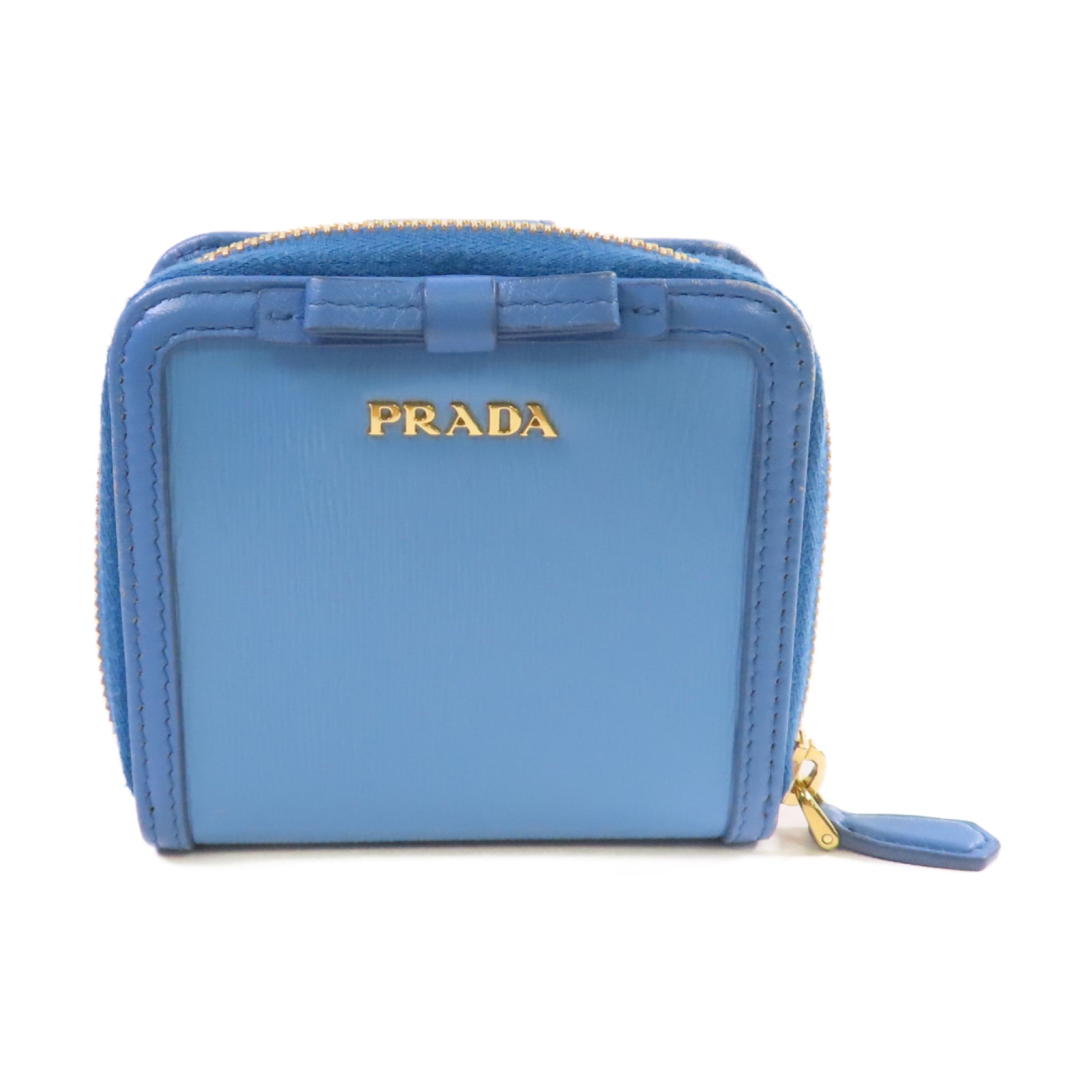 PRADA 牛皮皮革Round Zip Wallet金扣拉鏈短錢包淺藍色