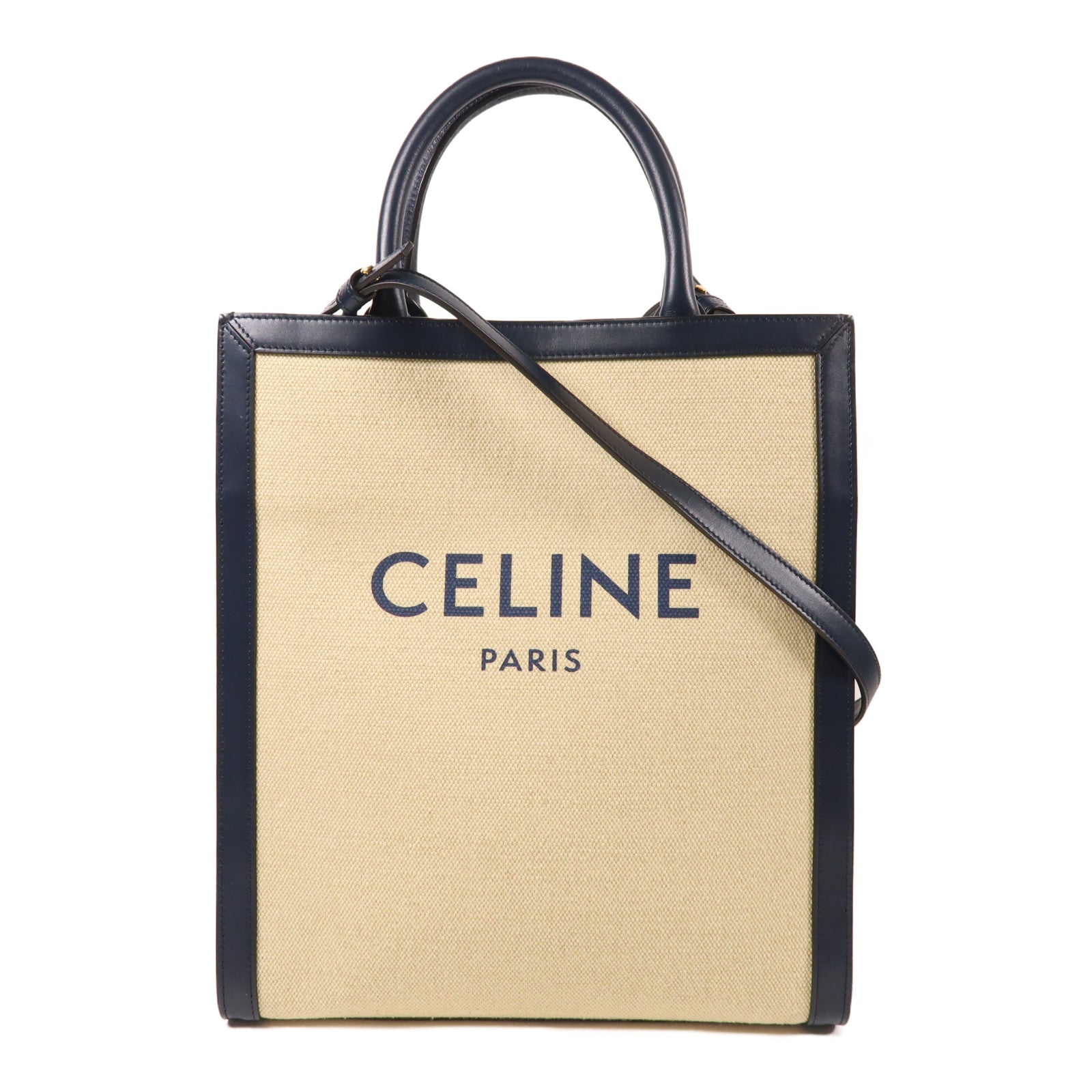 CELINE 帆布Vertical Cabas Tote Bag金扣手挽肩背兩用袋米色/藍色