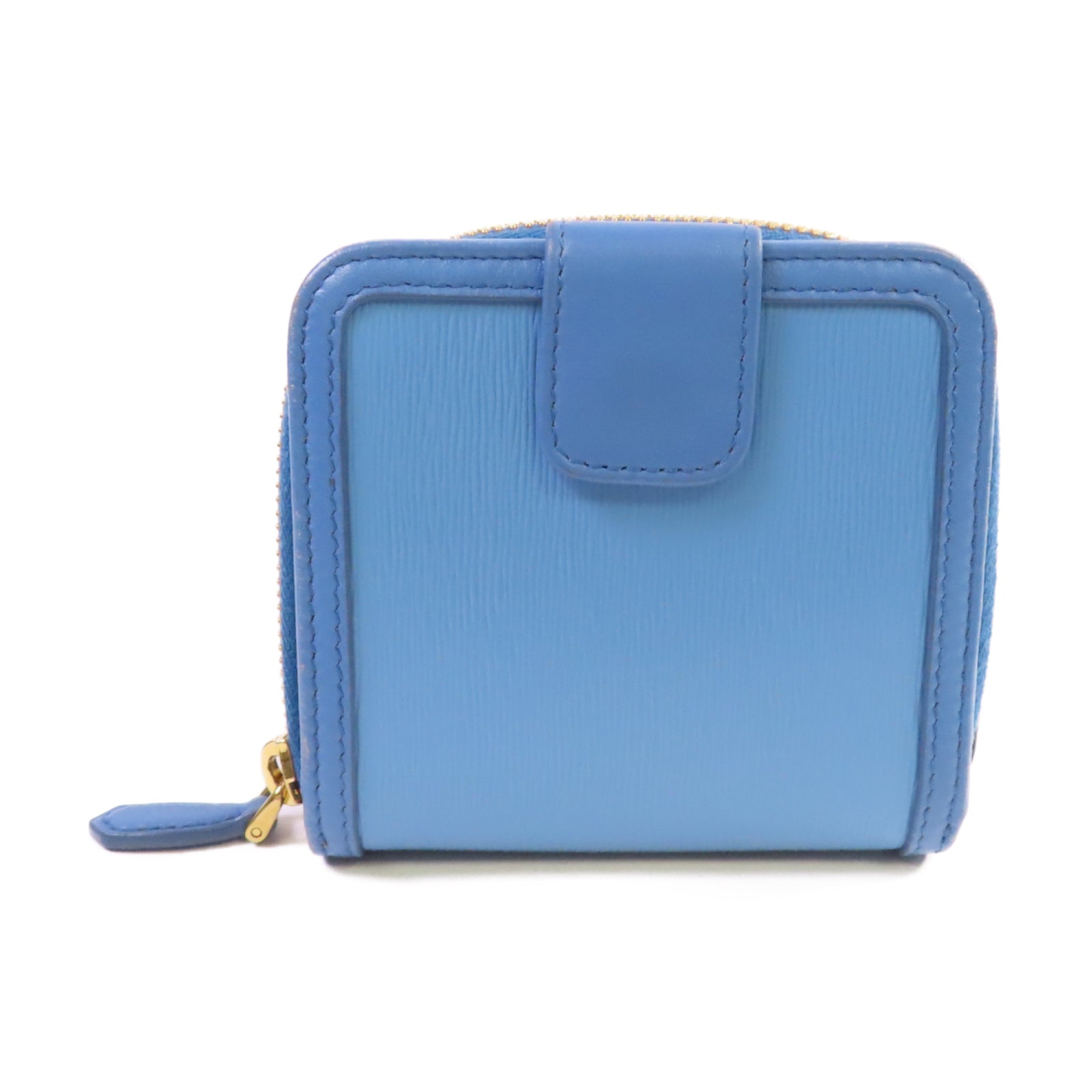 PRADA 牛皮皮革Round Zip Wallet金扣拉鏈短錢包淺藍色