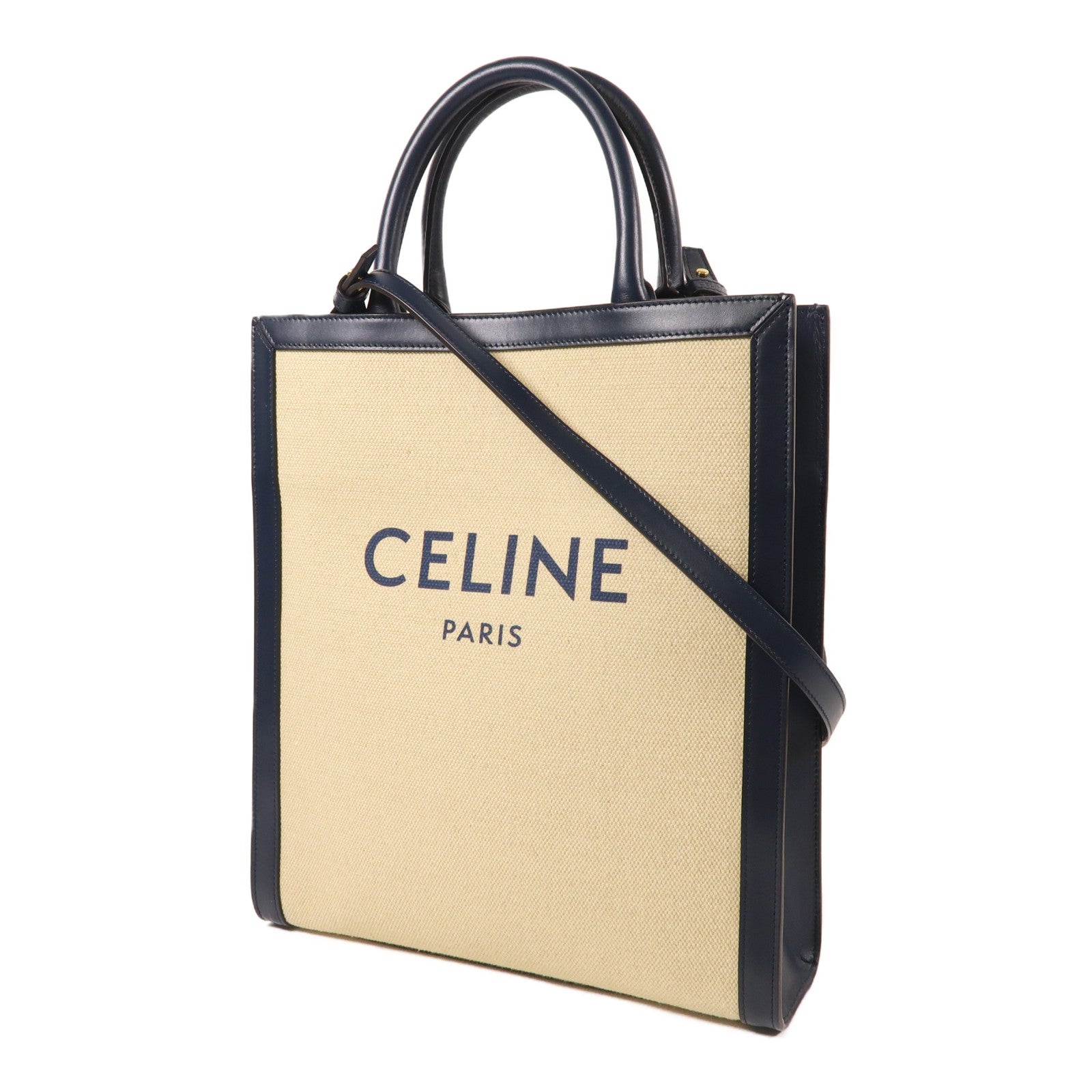 CELINE 帆布Vertical Cabas Tote Bag金扣手挽肩背兩用袋米色/藍色