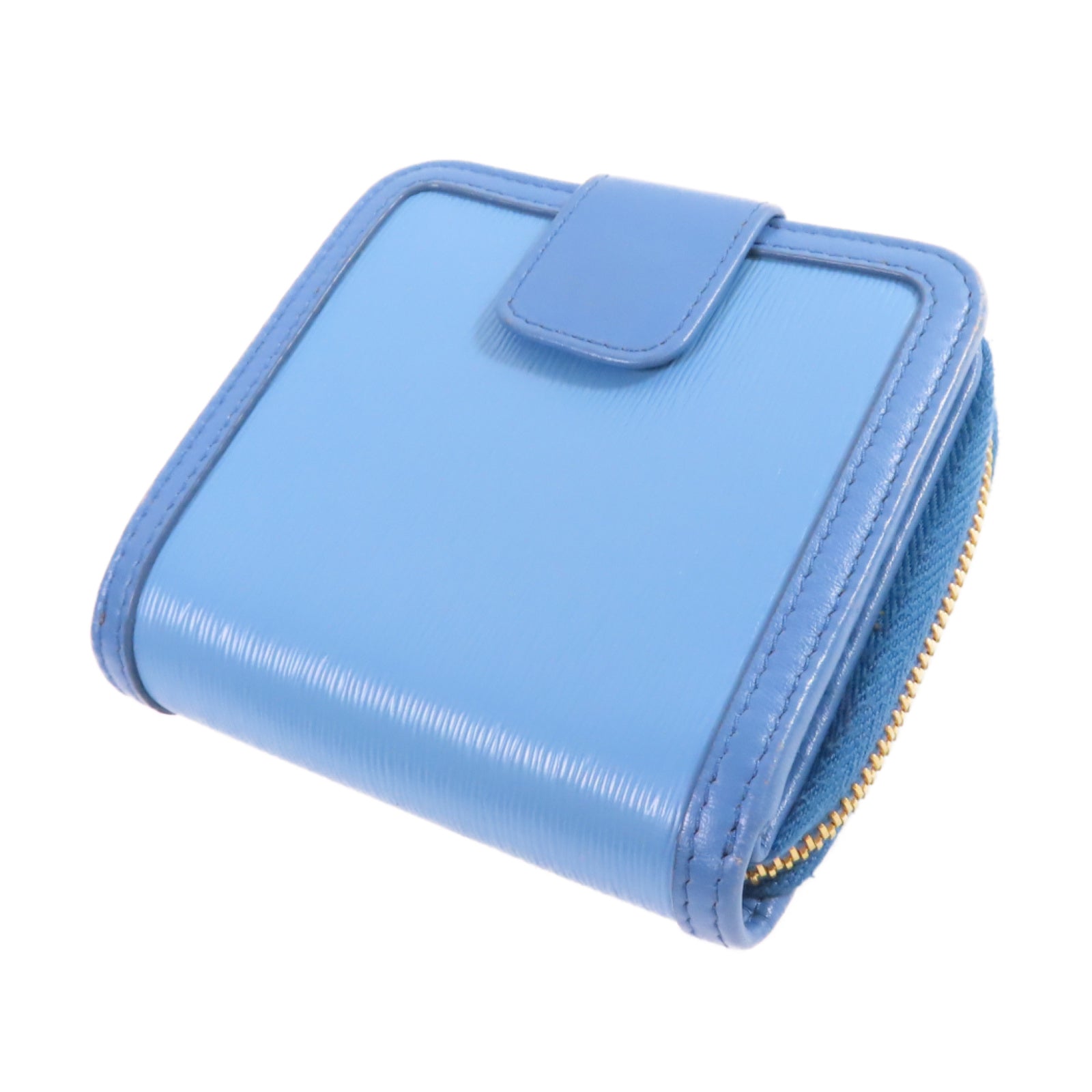 PRADA 牛皮皮革Round Zip Wallet金扣拉鏈短錢包淺藍色