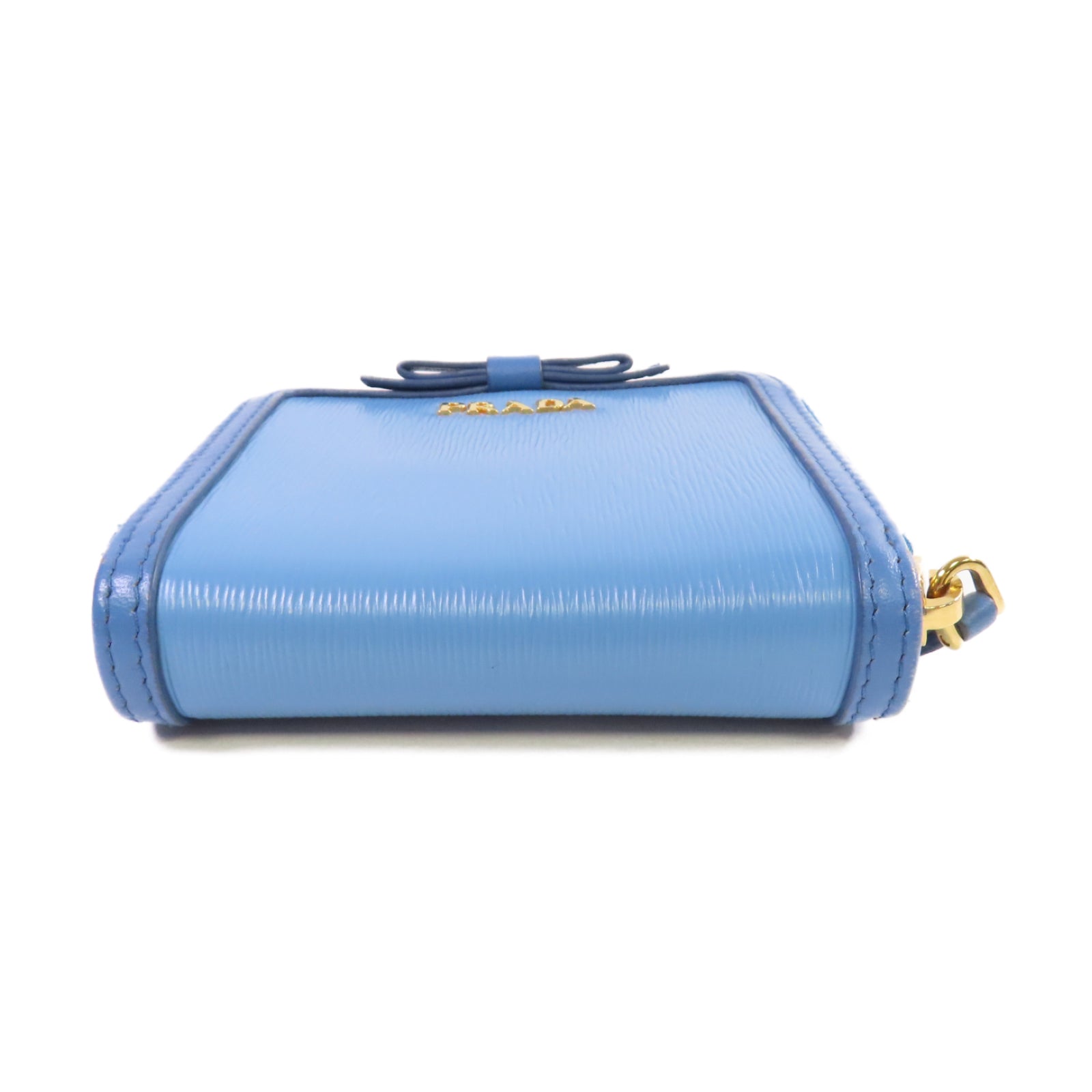 PRADA 牛皮皮革Round Zip Wallet金扣拉鏈短錢包淺藍色