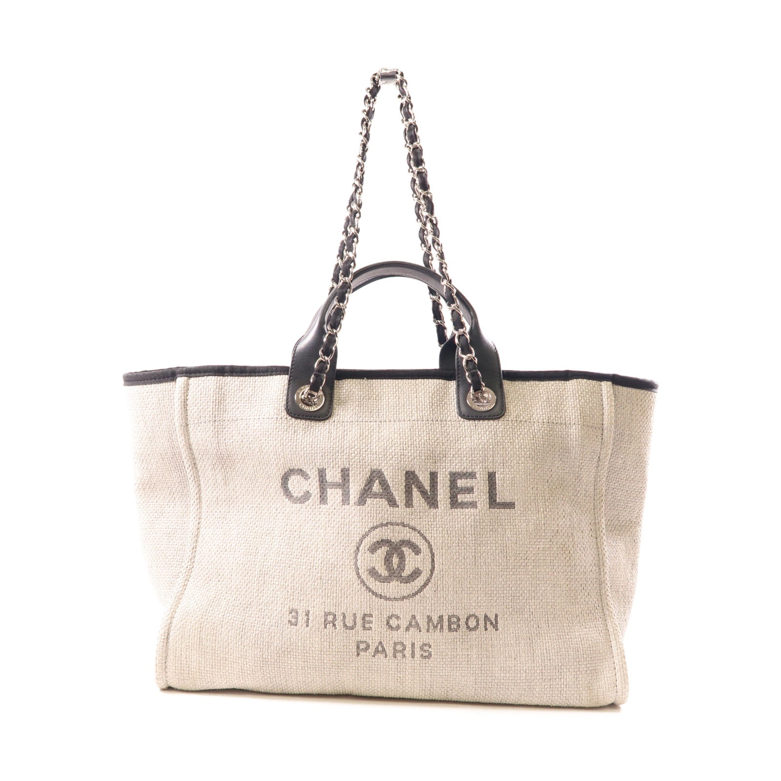CHANEL Straw Deauville Tote銀扣手挽肩背兩用袋灰色/黑色