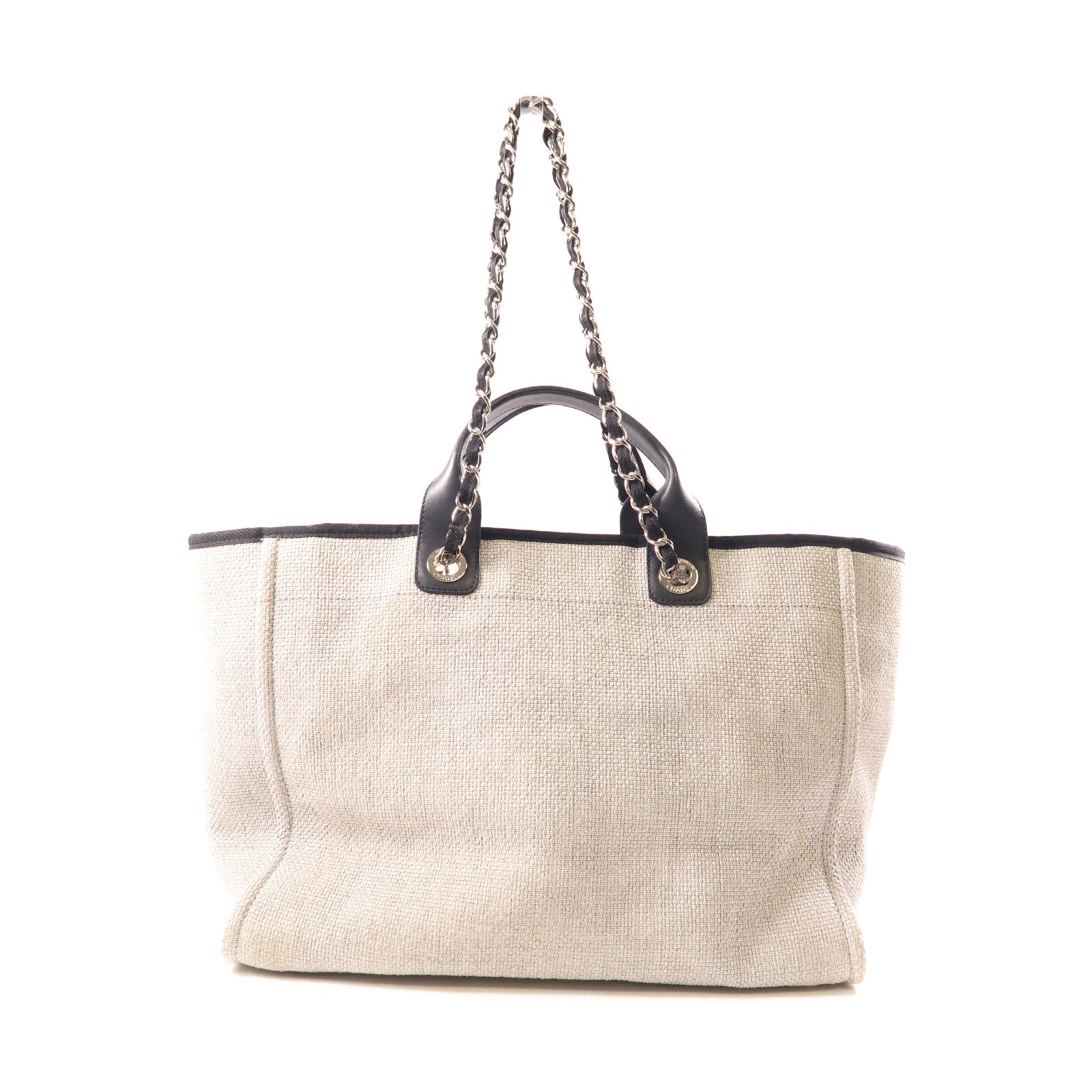 CHANEL Straw Deauville Tote銀扣手挽肩背兩用袋灰色/黑色