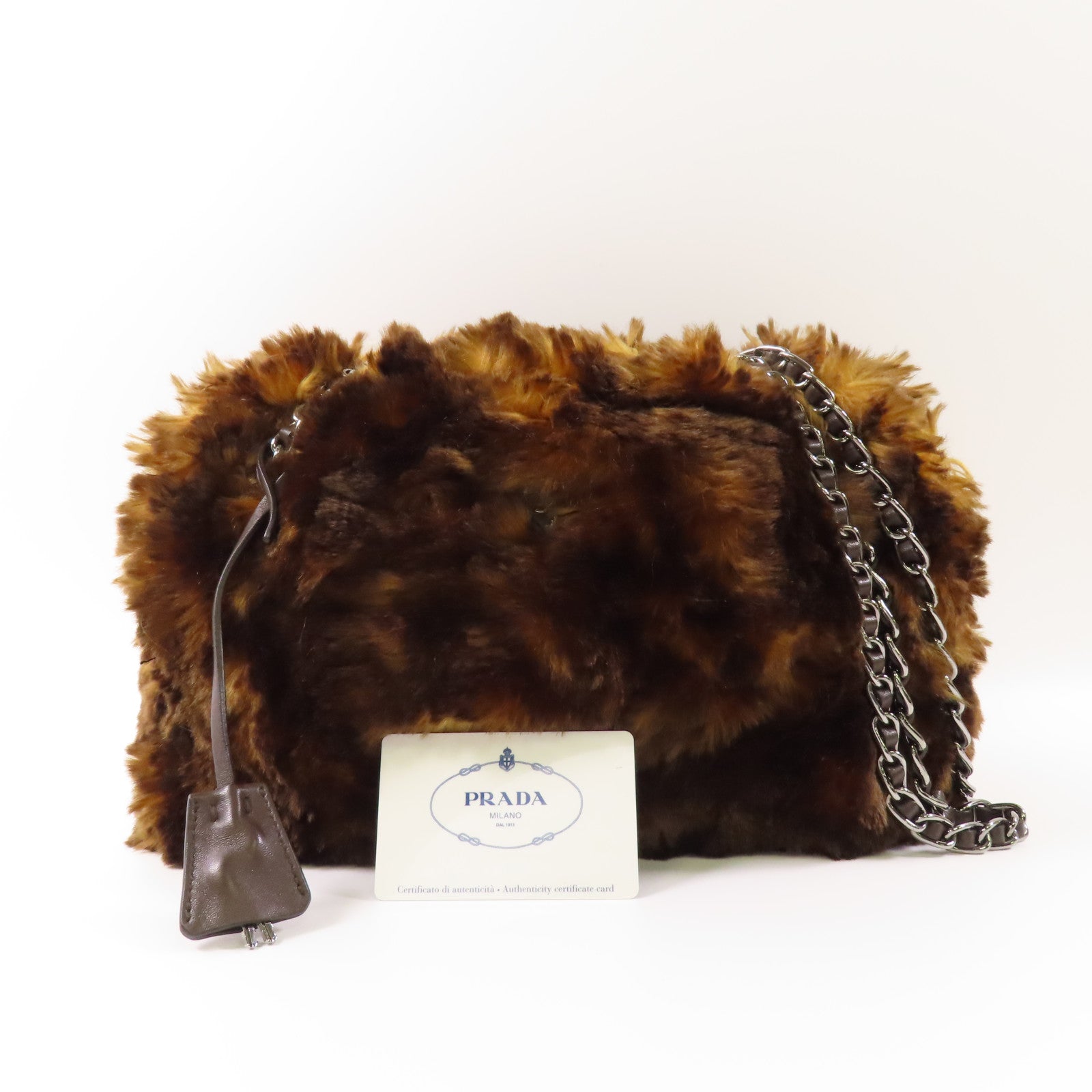 PRADA 合成毛皮Shoulder Bag銀扣鏈帶肩背袋