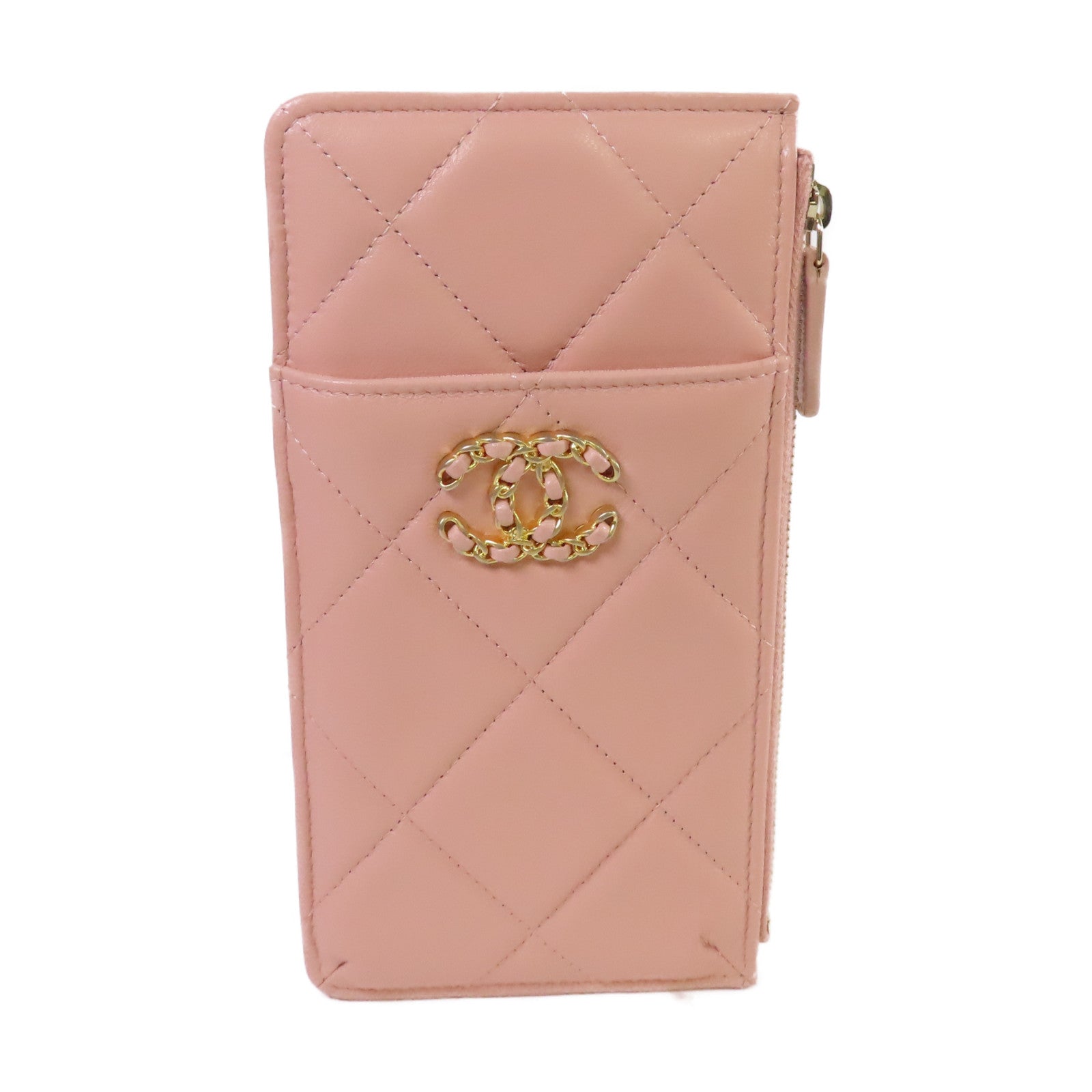 CHANEL 【激減優惠】菱格羊皮皮革Chanel 19 Phone & Card Holder金扣手機/卡片套粉紅色
