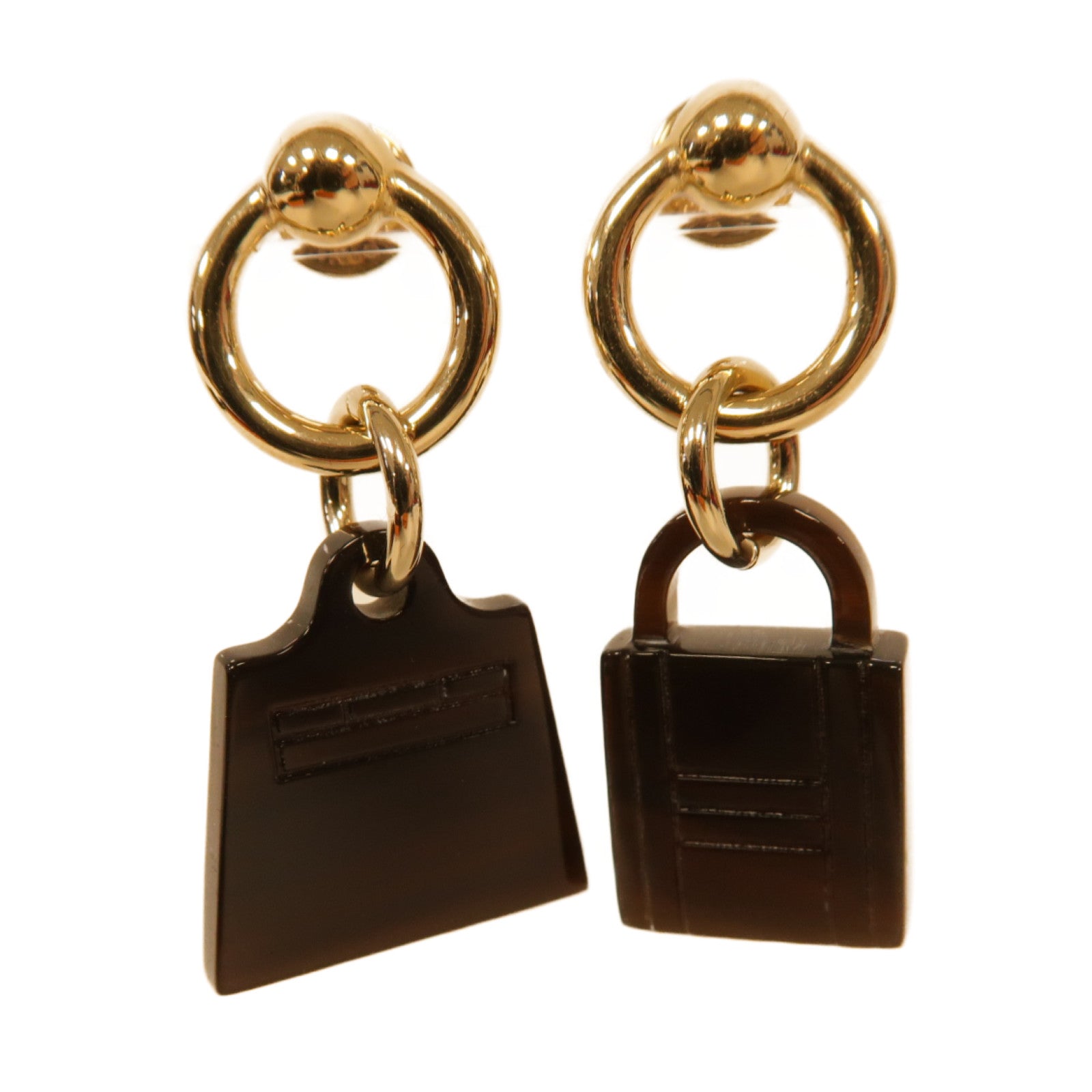 HERMES 【激減優惠】水牛角/金屬Amulet Maroquinier Earrings耳環啡色/金色
