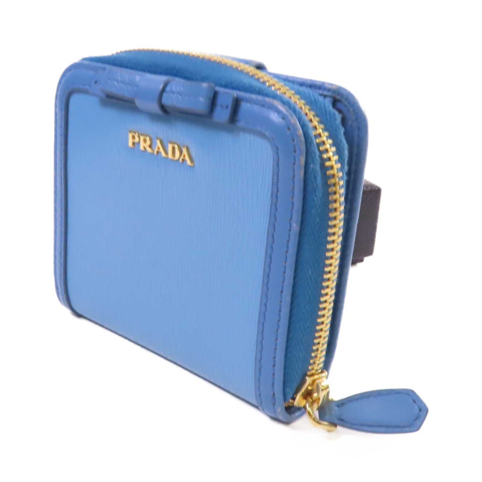 PRADA 牛皮皮革Round Zip Wallet金扣拉鏈短錢包淺藍色
